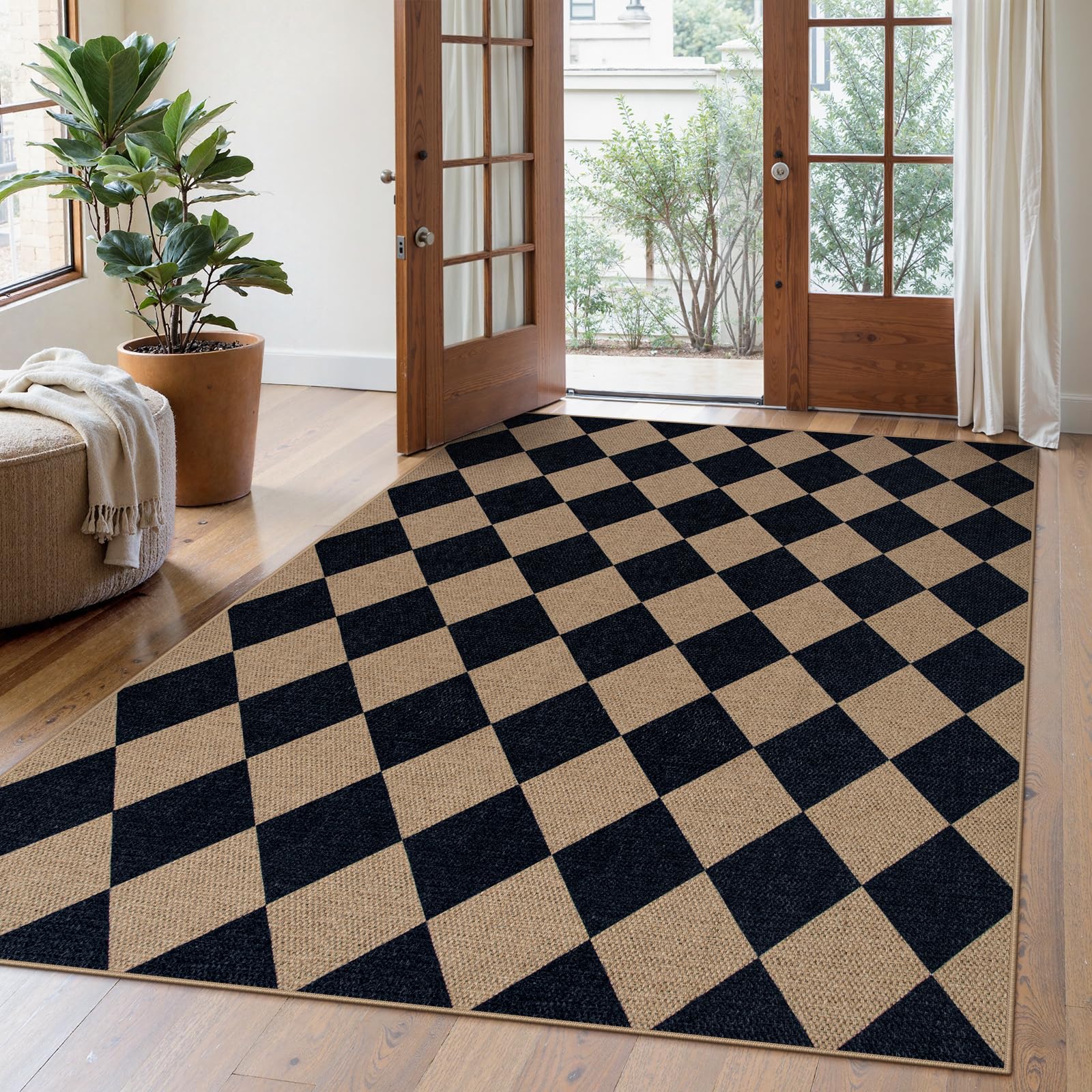 Lahome Colette Checkered Easy Jute Runner Rug, 2x8 Hallway Kitchen Runner Rug Non Slip Washable Outdoor Carpet for Entryway Indoor, Checkerboard Black Indoor Outdoor Carpet for Hallway 8ft Entry