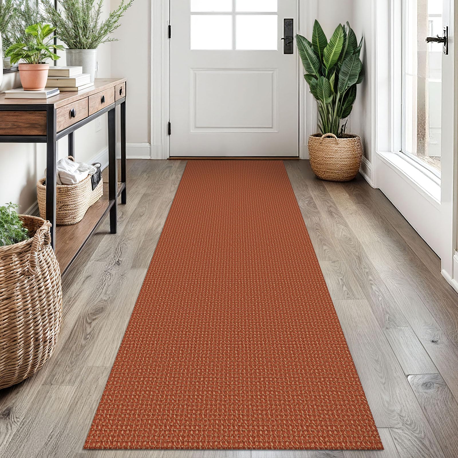 EARTHALL Woven Runner Rug 2x5 Ft Washable Runners for Hallways Cotton Non Slip Rubber Backed Kitchen Runner Braided Indoor Floor Carpet for Entryway, Hallway, Kitchen, Bedroom, Orange/Tan/Brown