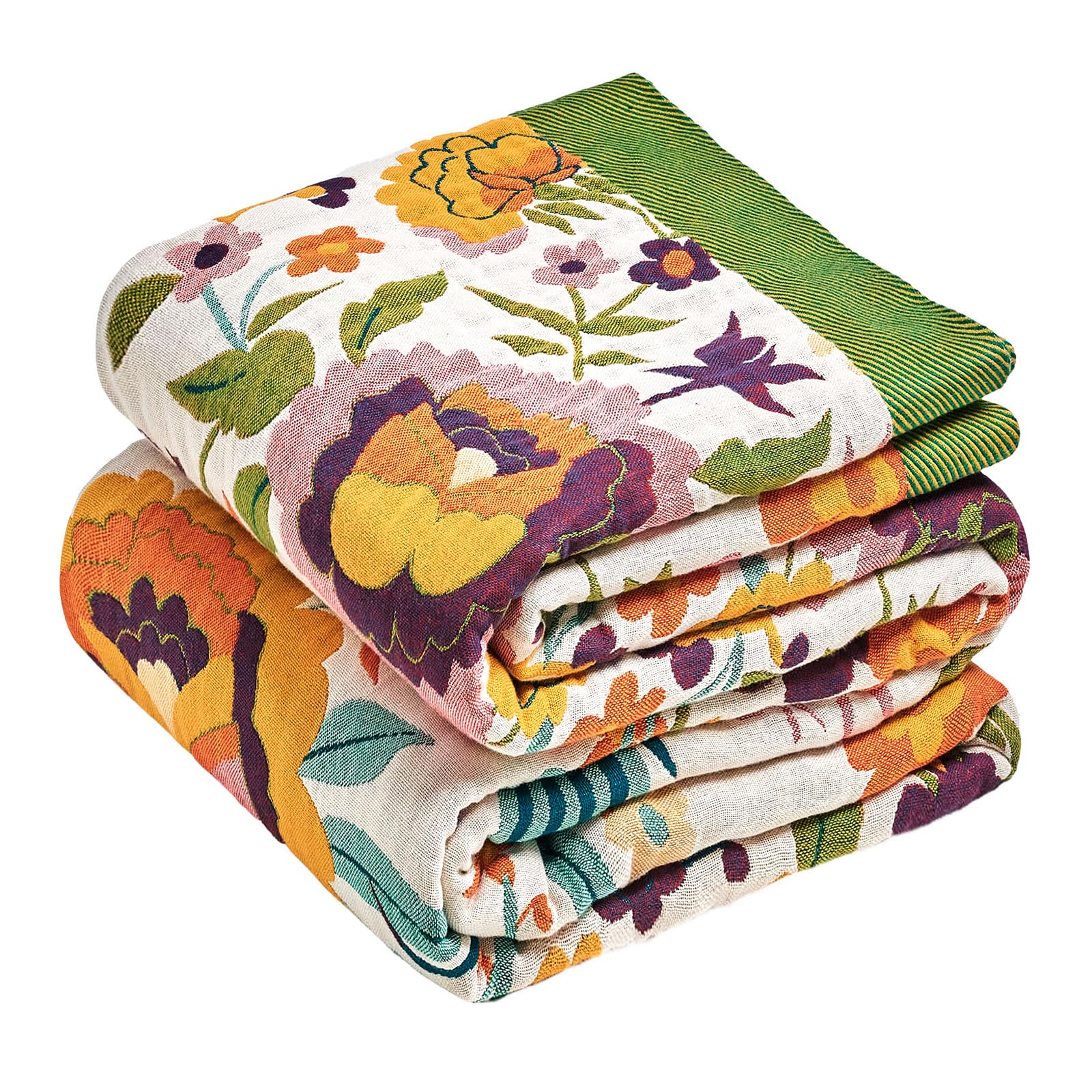Boho Throw Blanket - 100% Cotton Soft Spring Throw Blanket for Bed, 90"x108" Reversible Breathable Lightweight Blankets, All Seasons Farmhouse Decor Floral Plant Butterfly Throw Quilt