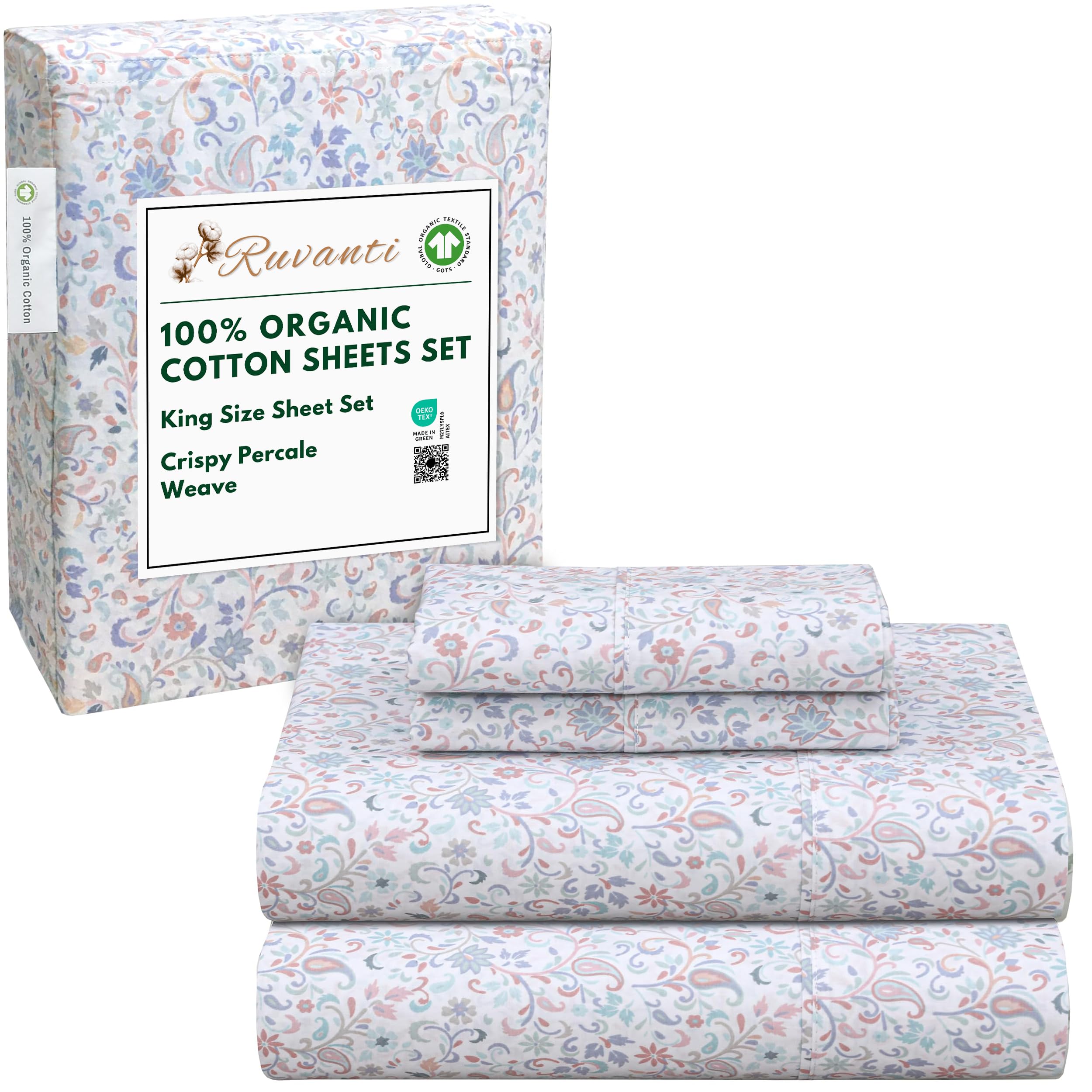 RUVANTI 100% Organic Cotton Sheets Queen Size, Percale Weave, GOTS Certified, 4-Piece Set, Deep Pocket 15", Crisp & Breathable, Soft Durable Bedding, Sábanas Algodón Orgánico – Daisy Bud