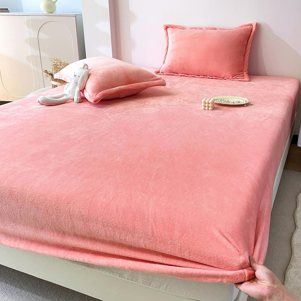 MorroMorn Fleece Sheets Queen Size Ultra Soft, Fuzzy Plush Flannel Sheet Set 3 Piece - All Season Bedding Set with 20" Deep Pocket Fitted & 2 Pillowcases, Luxury Velvet Warm Cozy (Pink)