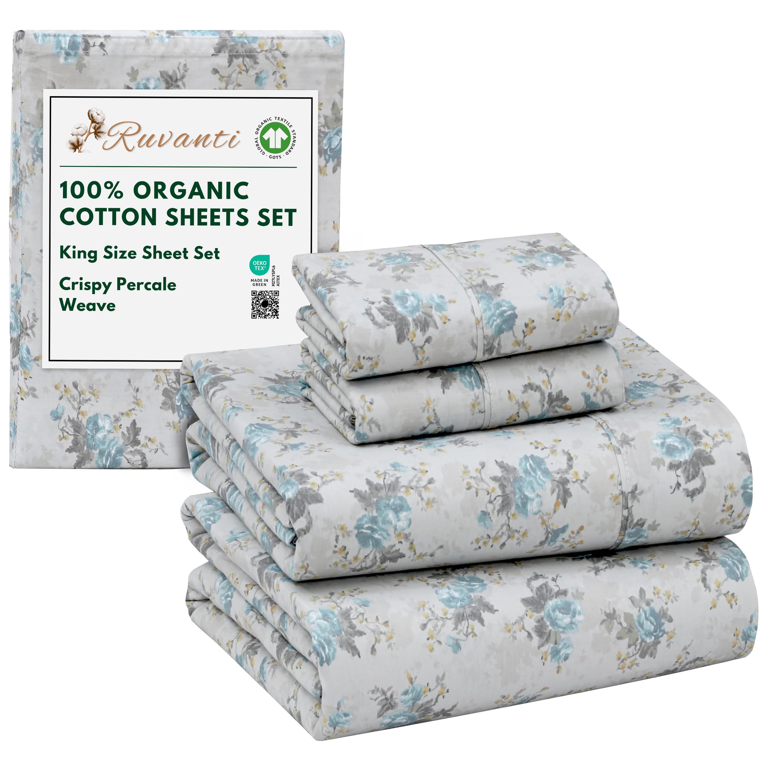 RUVANTI 100% Organic Cotton Sheets Queen Size, Percale Weave, GOTS Certified, 4-Piece Set, Deep Pocket 15", Crisp & Breathable, Soft Durable Bedding, Sábanas Algodón Orgánico – Daisy Bud