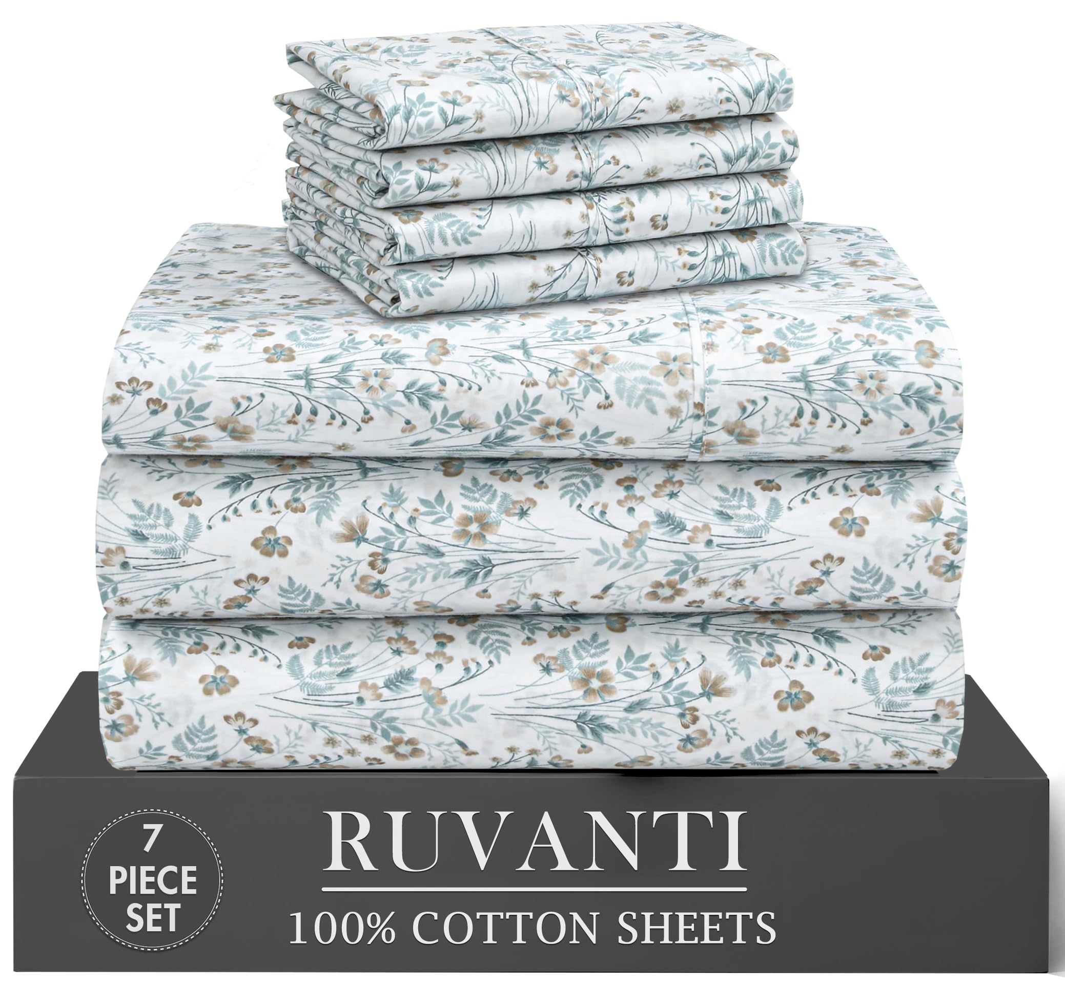 RUVANTI 6 Pcs Cotton Sheets - 100% Natural Cotton Soft, Lightweight & Breathable Crispy Percale Bed Sheets, Queen Sheet Set 16" Deep Pockets, Wild Flower