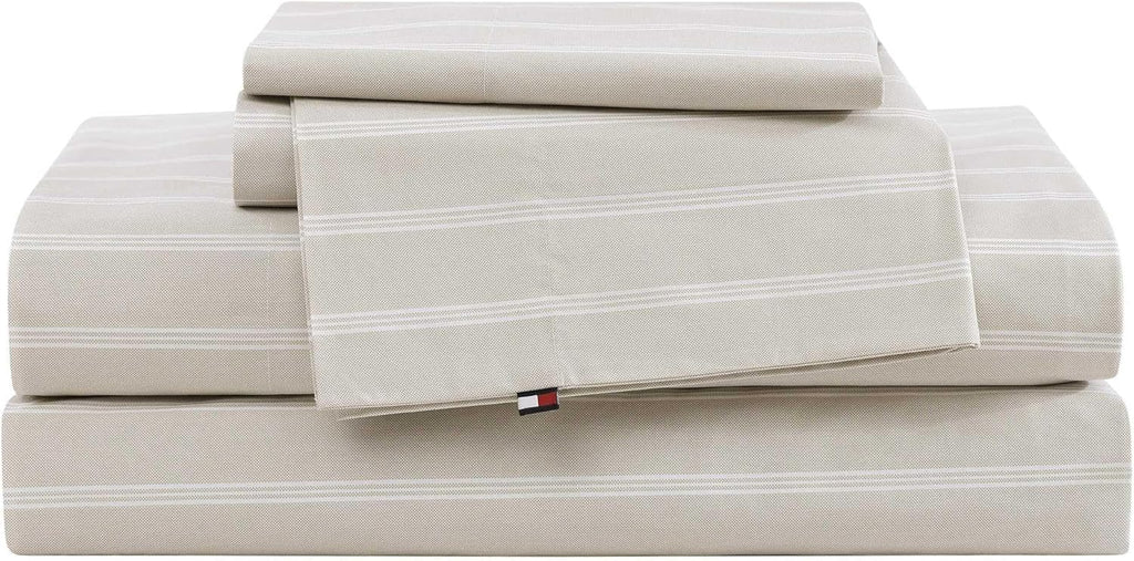 Tommy Hilfiger - Queen Bed Sheets, Crisp & Cool Cotton Percale Bedding with Matching Pillowcases, Lightweight Bed Set, Oeko-Tex Certified (Effortless Stripe Beige)