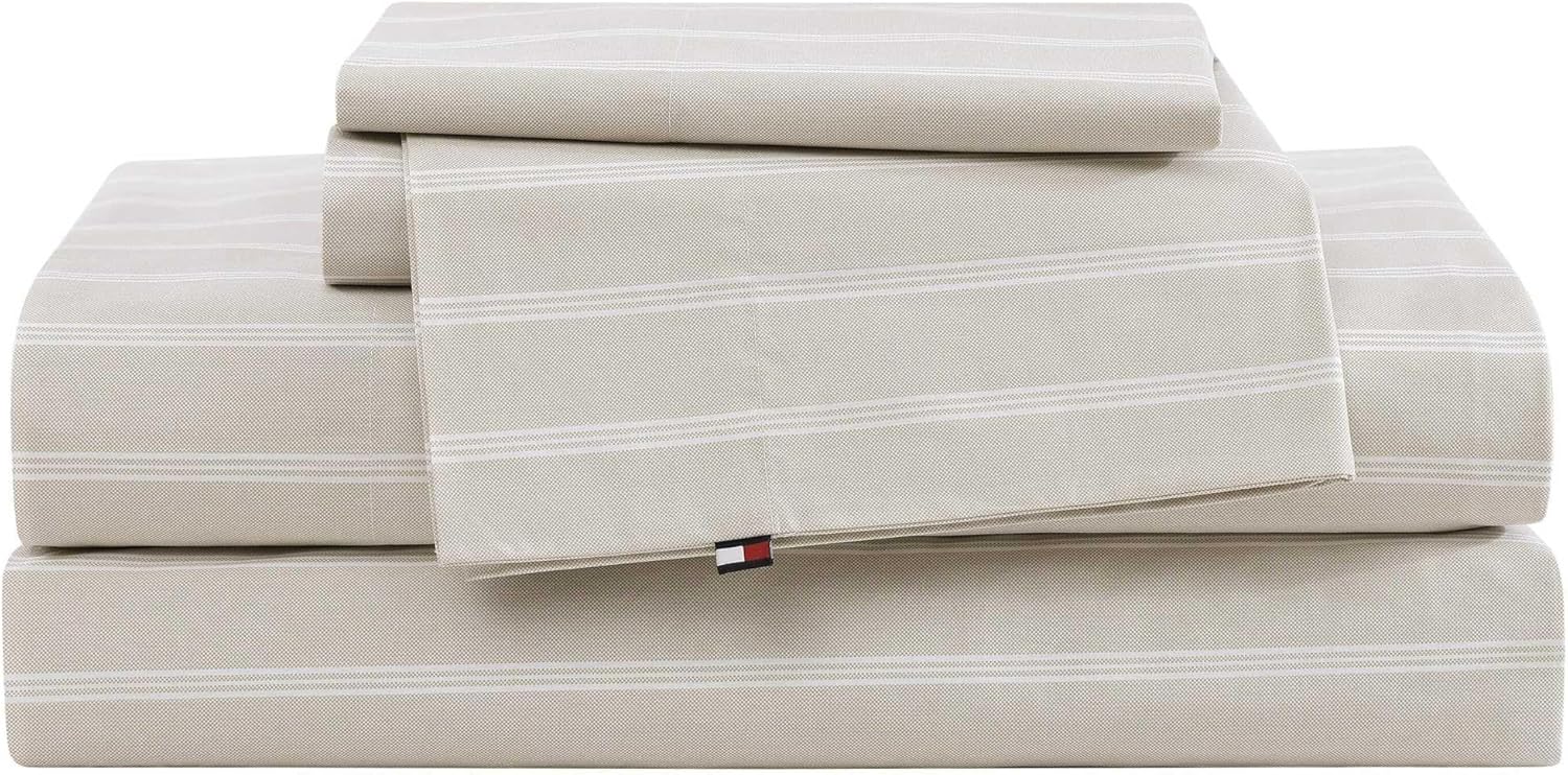 Tommy Hilfiger - Queen Bed Sheets, Crisp & Cool Cotton Percale Bedding with Matching Pillowcases, Lightweight Bed Set, Oeko-Tex Certified (Effortless Stripe Beige)
