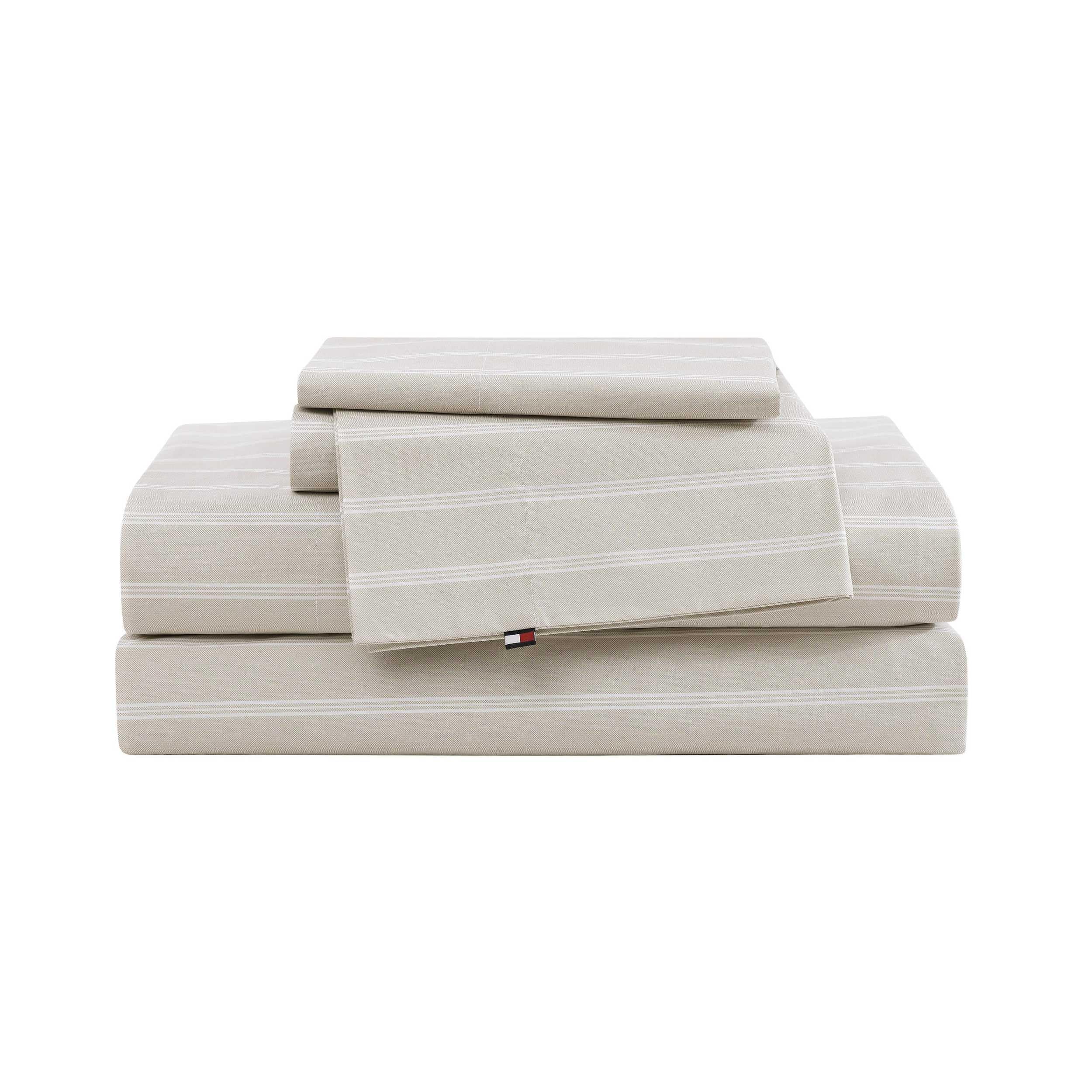 Tommy Hilfiger - Queen Bed Sheets, Crisp & Cool Cotton Percale Bedding with Matching Pillowcases, Lightweight Bed Set, Oeko-Tex Certified (Effortless Stripe Beige)
