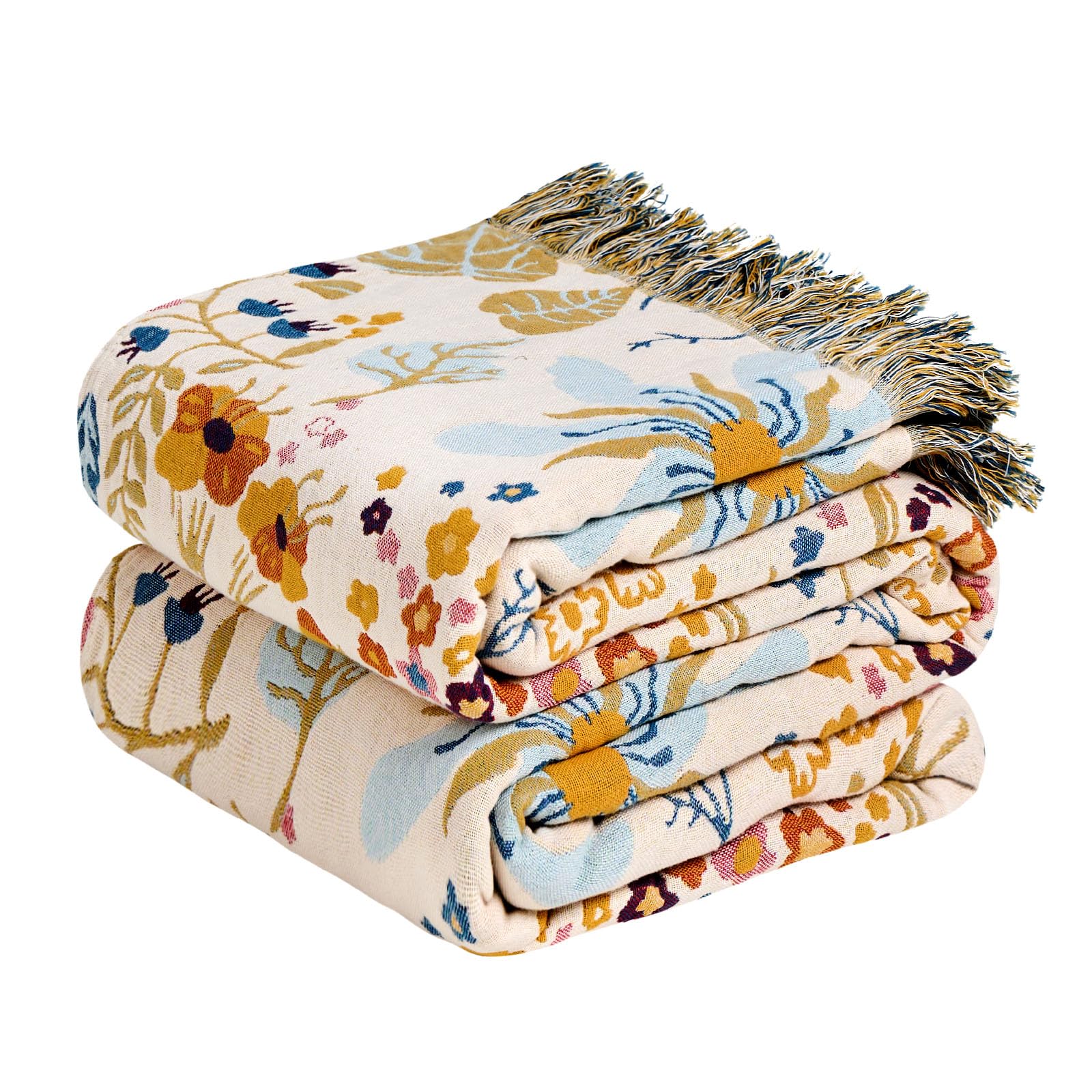 Boho Throw Blanket - 100% Cotton Soft Spring Throw Blanket for Bed, 90"x108" Reversible Breathable Lightweight Blankets, All Seasons Farmhouse Decor Floral Plant Butterfly Throw Quilt