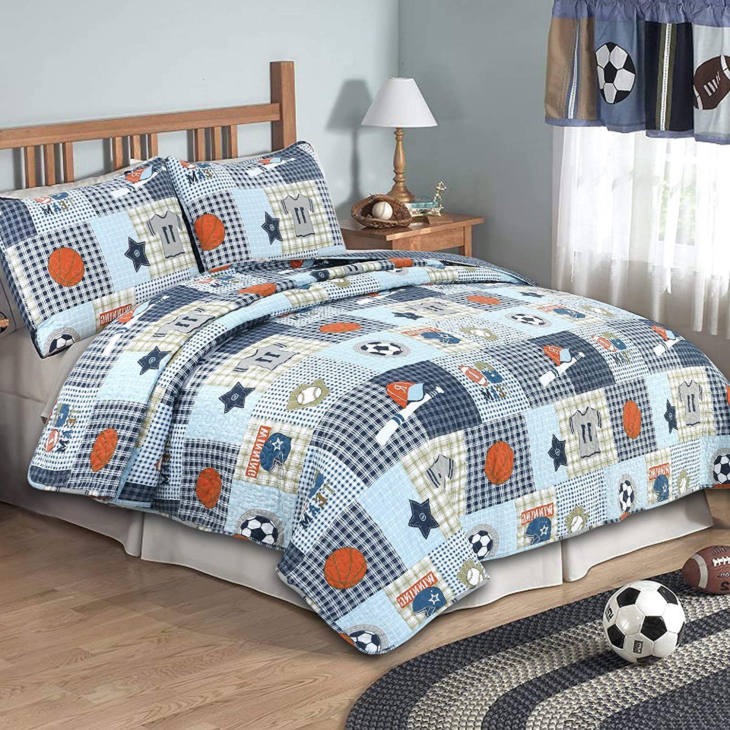 Cozy Line Home Fashions Benjamin Cute Dinosaur Plaid Navy Blue White Grey Bedding Quilt Set 100% Cotton Reversible Coverlet Bedspread Set for Kids Boy(Twin - 2 Piece)