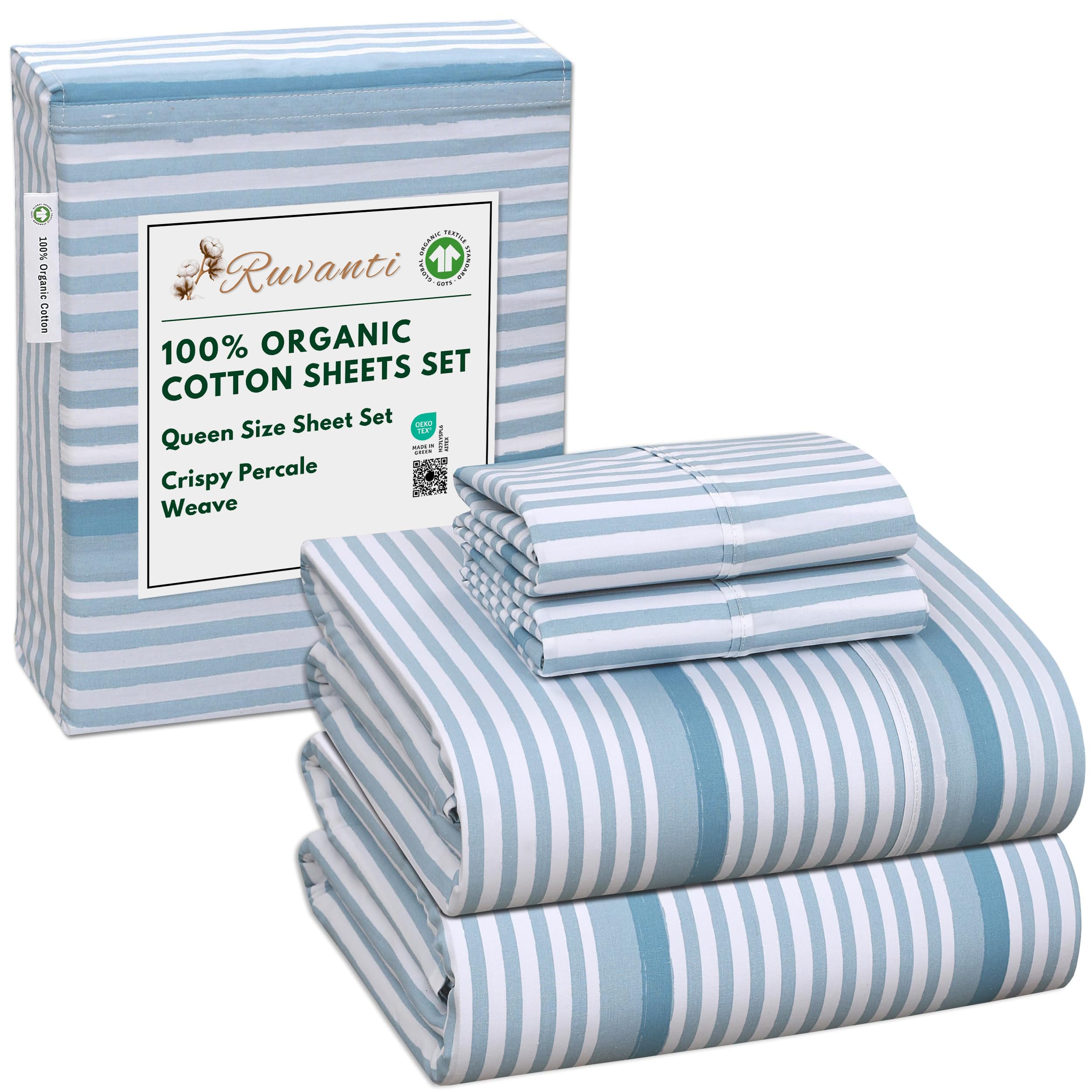 RUVANTI 100% Organic Cotton Sheets Queen Size, Percale Weave, GOTS Certified, 4-Piece Set, Deep Pocket 15", Crisp & Breathable, Soft Durable Bedding, Sábanas Algodón Orgánico – Daisy Bud