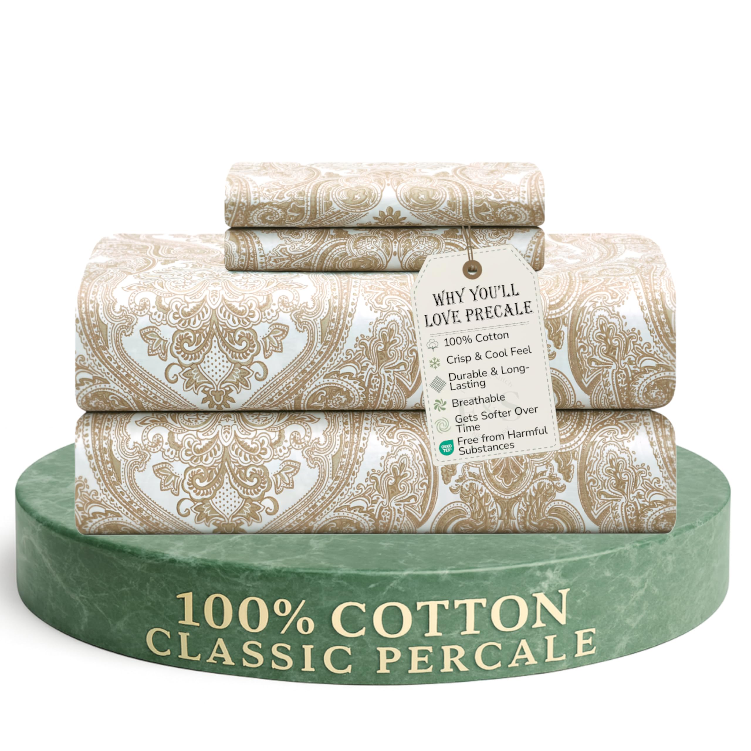Feather & Stitch Softest 100% Cotton Sheets, 300 Thread Count Percale Weave Bedding, 16" Deep Pocket, Cooling Sheets, Breathable Bed Set, Hotel Premium Quality (Queen, Victorian Floral)