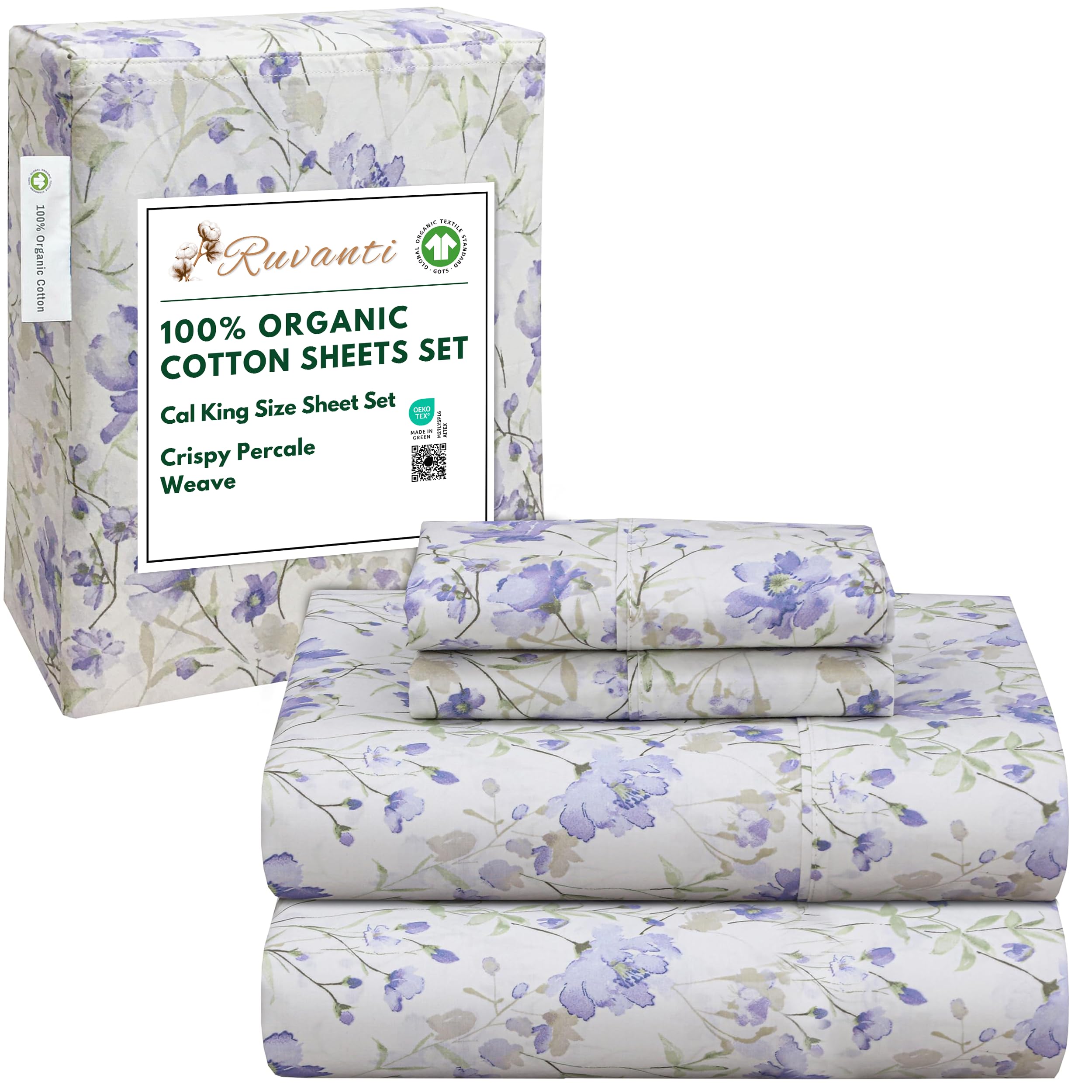 RUVANTI 100% Organic Cotton Sheets Queen Size, Percale Weave, GOTS Certified, 4-Piece Set, Deep Pocket 15", Crisp & Breathable, Soft Durable Bedding, Sábanas Algodón Orgánico – Daisy Bud