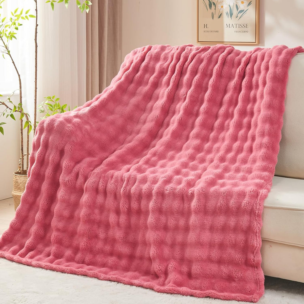 NEWCOSPLAY Throw Blanket for Couch Coral Pink Super Soft Flannel Fleece 3D Bubble Lightweight Bed Blanket All Season Use (Coral Pink, Throw(50"x60"))