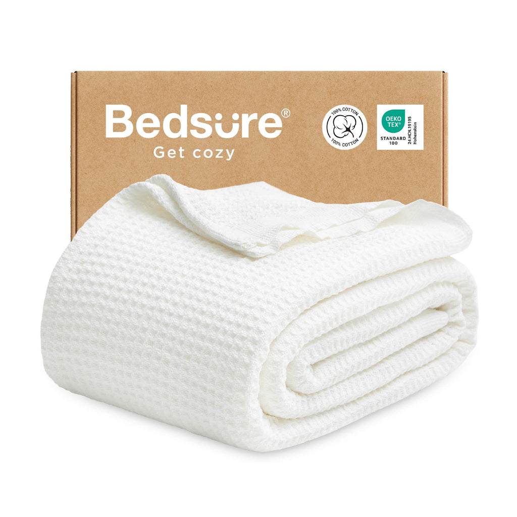Bedsure Gentlesoft 100% Cotton Blanket Twin XL Size for College Dorm - Cooling Breathable and Soft for Summer, Waffle Weave Twin Blanket for Bed, Dorm Room Essentials, White, 66x90 inches