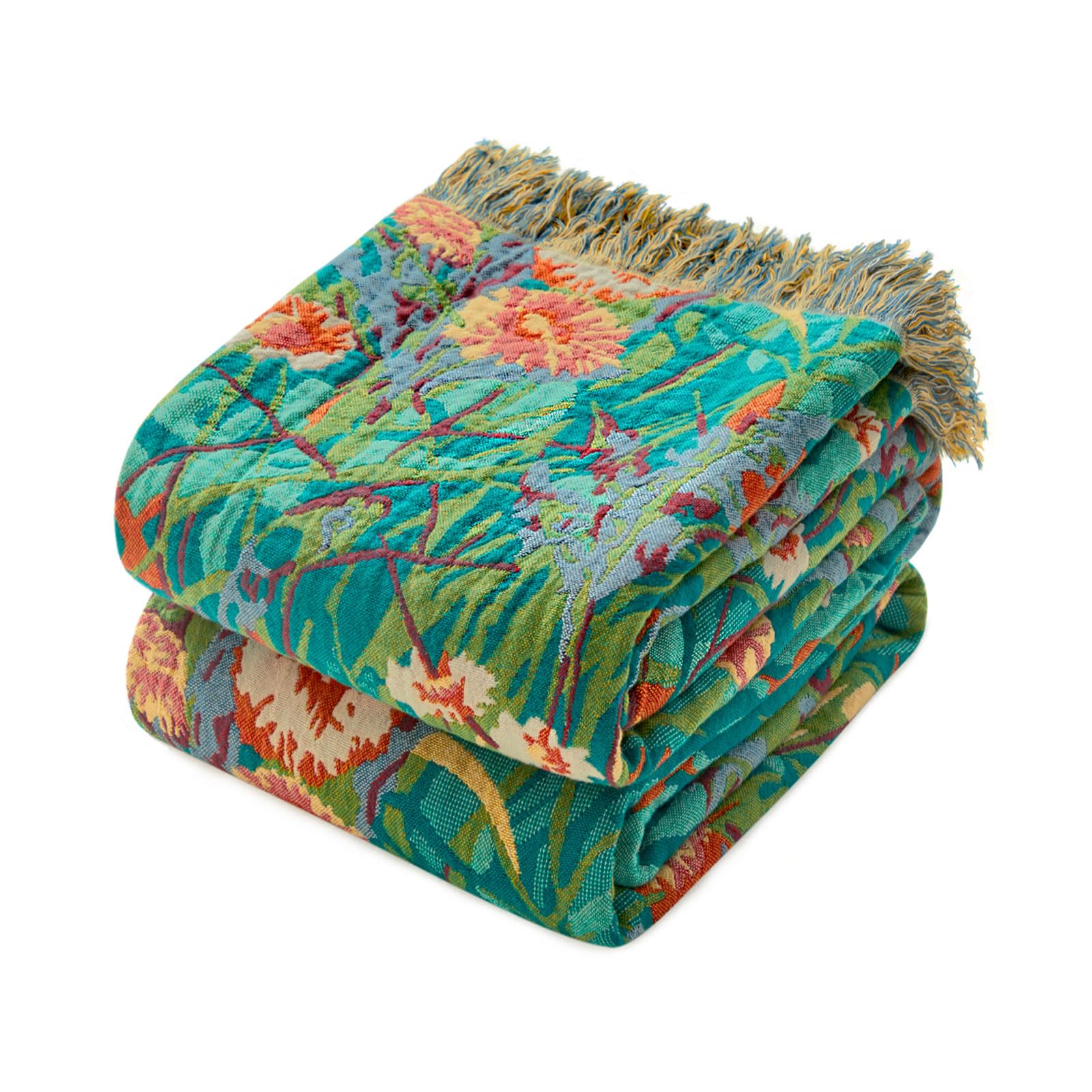 Boho Throw Blanket - 100% Cotton Soft Spring Throw Blanket for Bed, 90"x108" Reversible Breathable Lightweight Blankets, All Seasons Farmhouse Decor Floral Plant Butterfly Throw Quilt