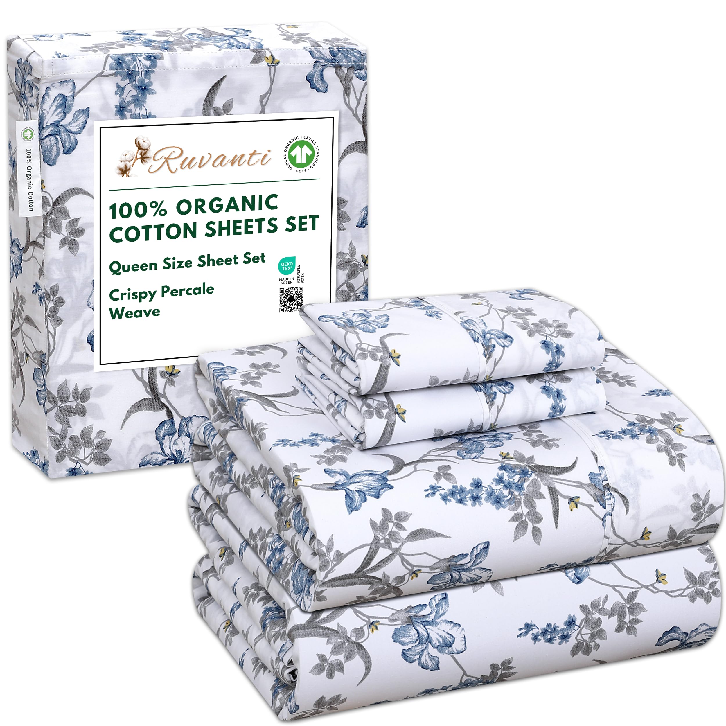 RUVANTI 100% Organic Cotton Sheets Queen Size, Percale Weave, GOTS Certified, 4-Piece Set, Deep Pocket 15", Crisp & Breathable, Soft Durable Bedding, Sábanas Algodón Orgánico – Daisy Bud