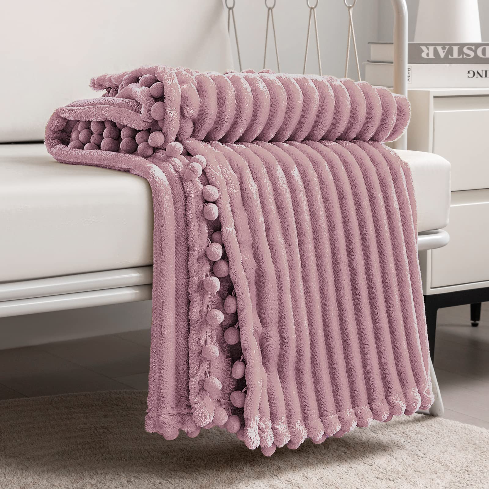 DISSA Fleece Blanket Twin Size – 60x80, Coral - Soft, Plush, Fluffy, Fuzzy, Warm, Cozy – Perfect Throw for Couch, Bed, Sofa - with Pompom Fringe - Flannel Blanket