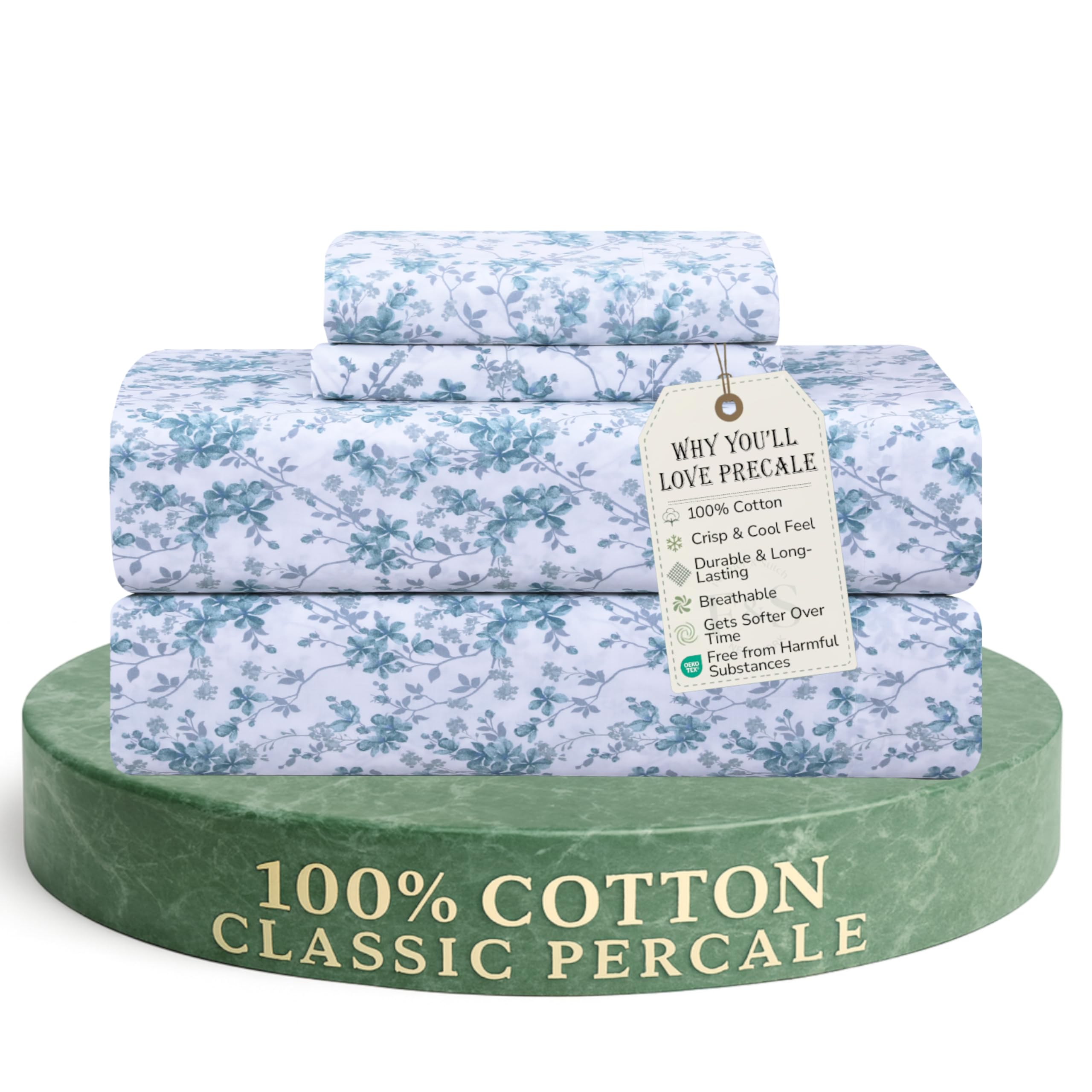 Feather & Stitch Softest 100% Cotton Sheets, 300 Thread Count Percale Weave Bedding, 16" Deep Pocket, Cooling Sheets, Breathable Bed Set, Hotel Premium Quality (Queen, Victorian Floral)