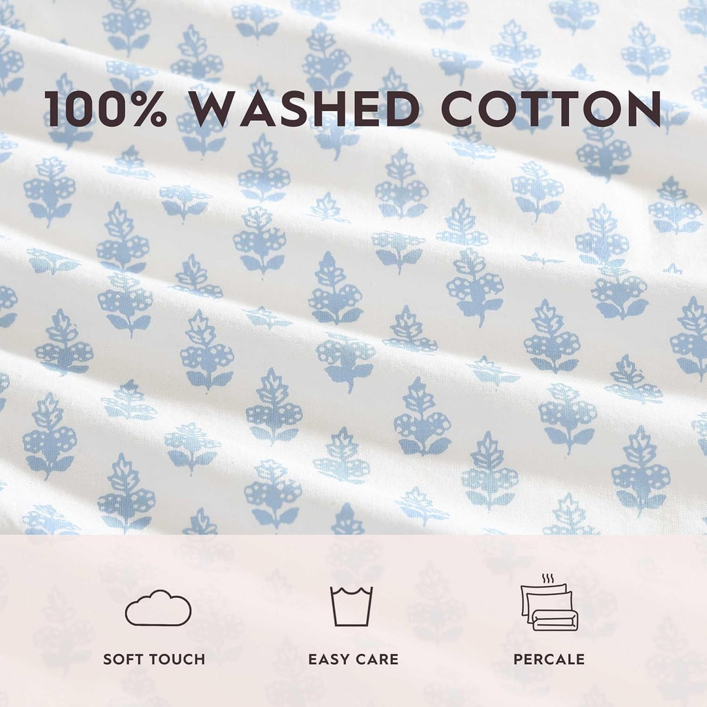 Laura Ashley - Queen Sheet Set, Crisp & Cool Sheets w/a Naturally Smooth Cotton Percale Feel, Deep Pocket, Bed Sheets with Matching Pillowcases & Fitted Sheet (Francesca Blue)