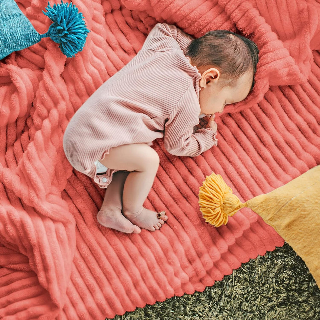 DISSA Fleece Blanket Twin Size – 60x80, Coral - Soft, Plush, Fluffy, Fuzzy, Warm, Cozy – Perfect Throw for Couch, Bed, Sofa - with Pompom Fringe - Flannel Blanket