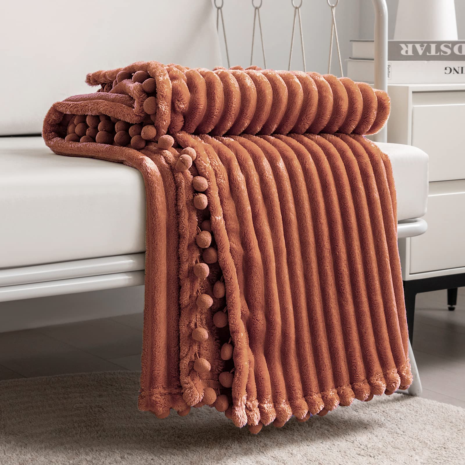DISSA Fleece Blanket Twin Size – 60x80, Coral - Soft, Plush, Fluffy, Fuzzy, Warm, Cozy – Perfect Throw for Couch, Bed, Sofa - with Pompom Fringe - Flannel Blanket