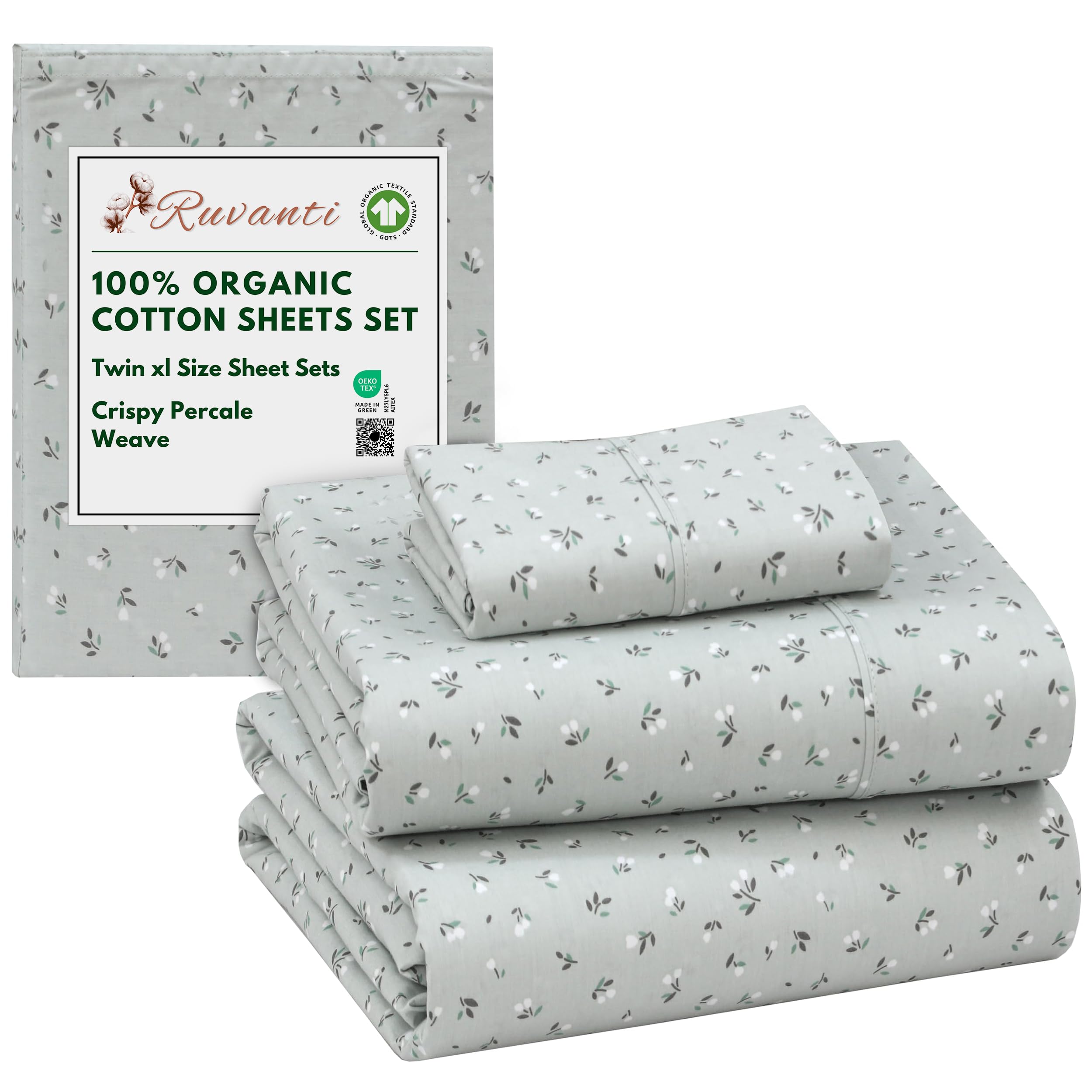 RUVANTI 100% Organic Cotton Sheets Queen Size, Percale Weave, GOTS Certified, 4-Piece Set, Deep Pocket 15", Crisp & Breathable, Soft Durable Bedding, Sábanas Algodón Orgánico – Daisy Bud