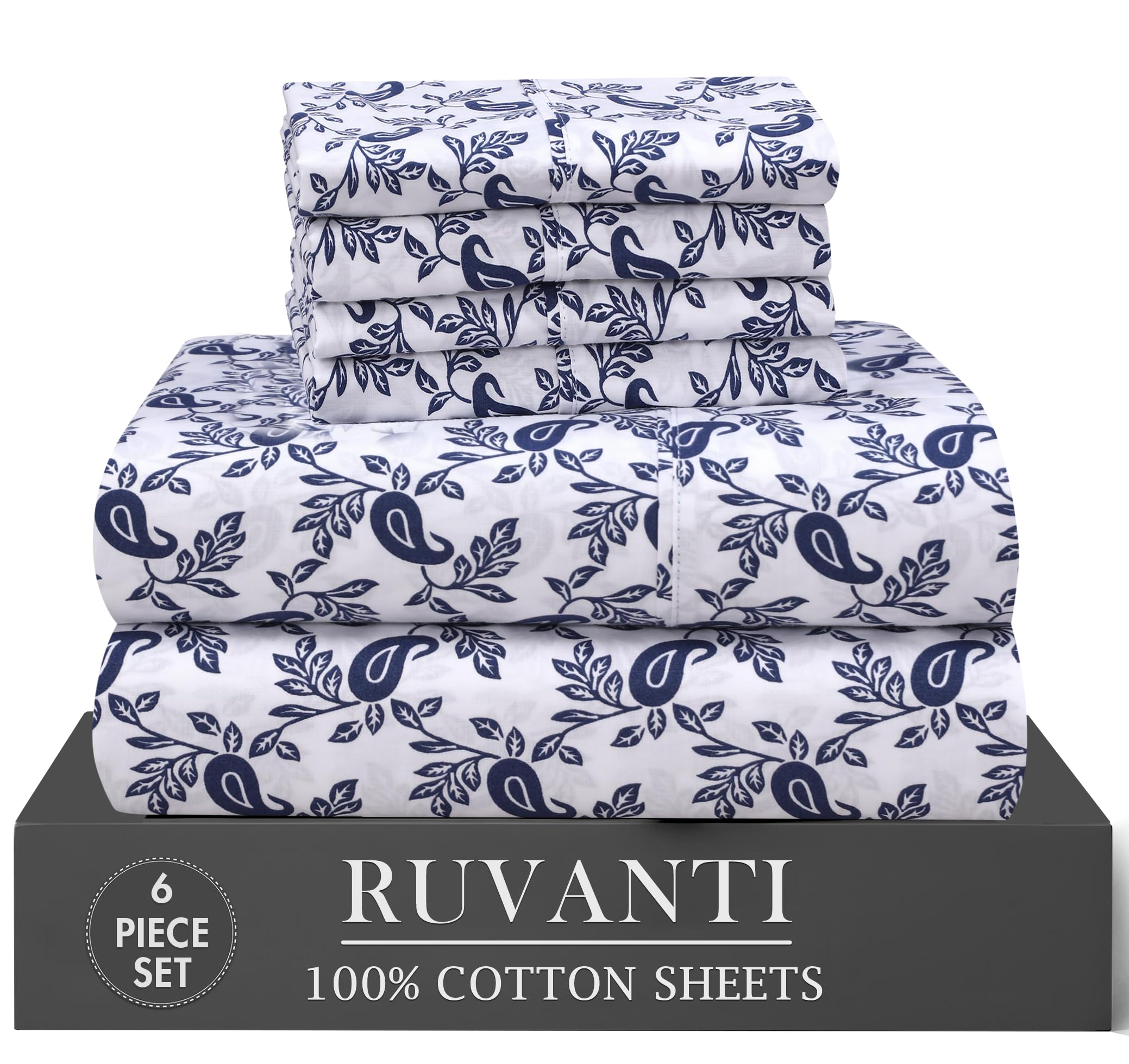 RUVANTI 6 Pcs Cotton Sheets - 100% Natural Cotton Soft, Lightweight & Breathable Crispy Percale Bed Sheets, Queen Sheet Set 16" Deep Pockets, Wild Flower
