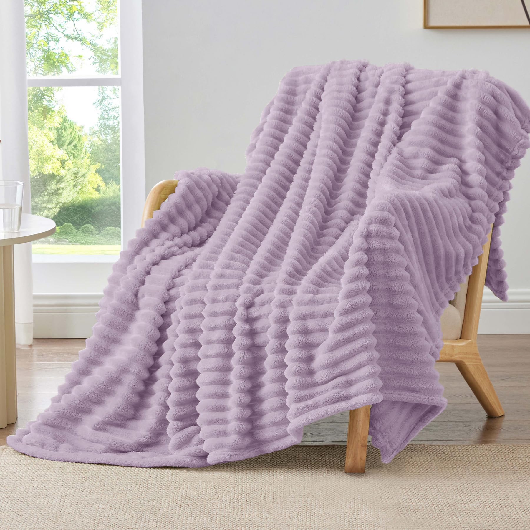 BEDELITE Fleece Throw Blanket for Couch - 300GSM Soft & Warm Fluffy Cream White Blanket, Decorative and Giftable Striped Blankets for Women, Men, 50"x60"