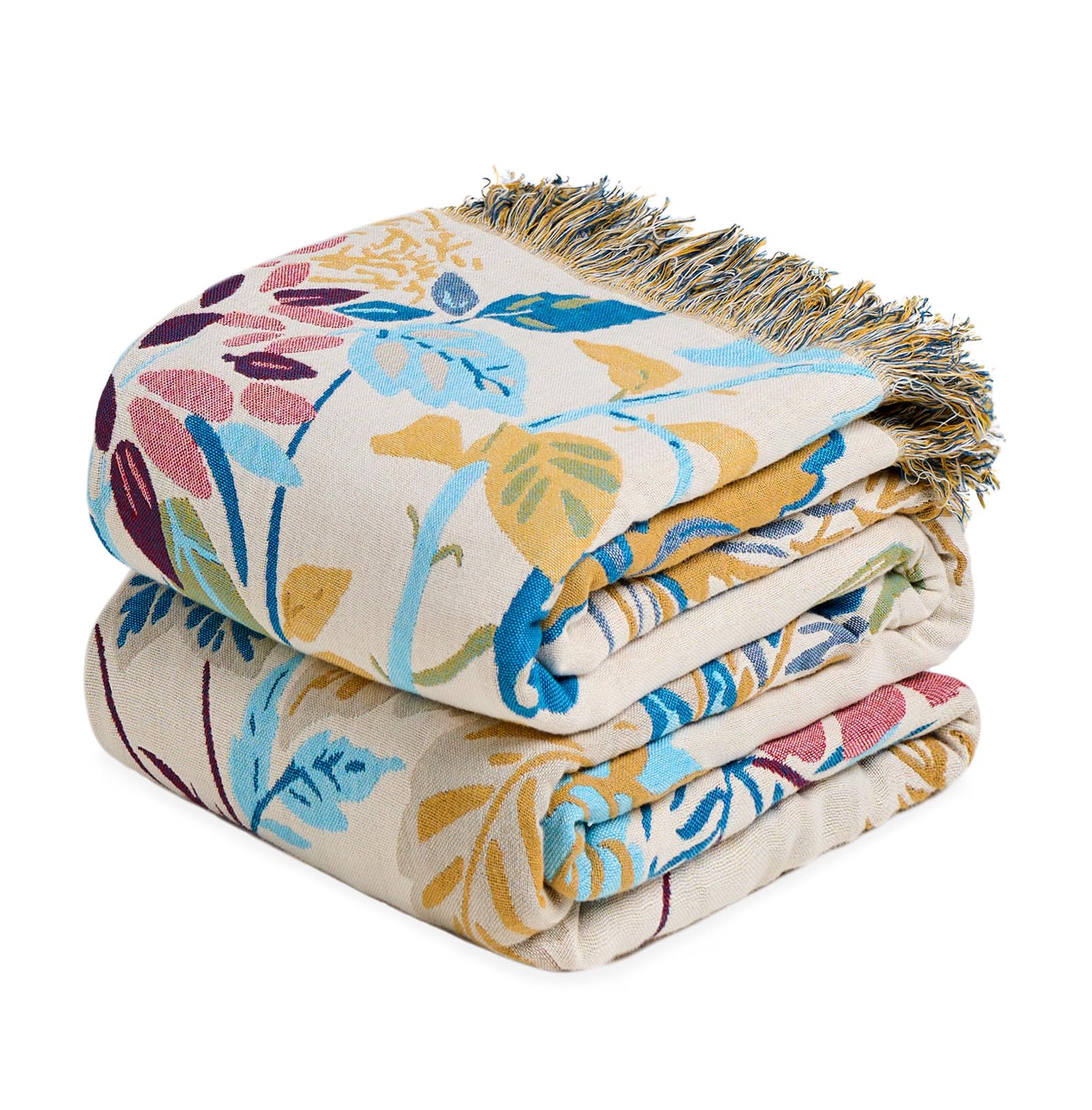 Boho Throw Blanket - 100% Cotton Soft Spring Throw Blanket for Bed, 90"x108" Reversible Breathable Lightweight Blankets, All Seasons Farmhouse Decor Floral Plant Butterfly Throw Quilt