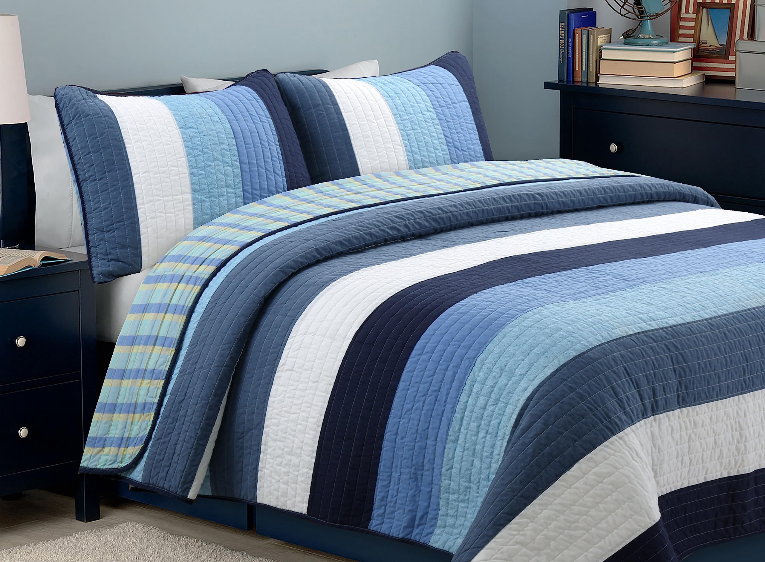 Cozy Line Home Fashions Benjamin Cute Dinosaur Plaid Navy Blue White Grey Bedding Quilt Set 100% Cotton Reversible Coverlet Bedspread Set for Kids Boy(Twin - 2 Piece)