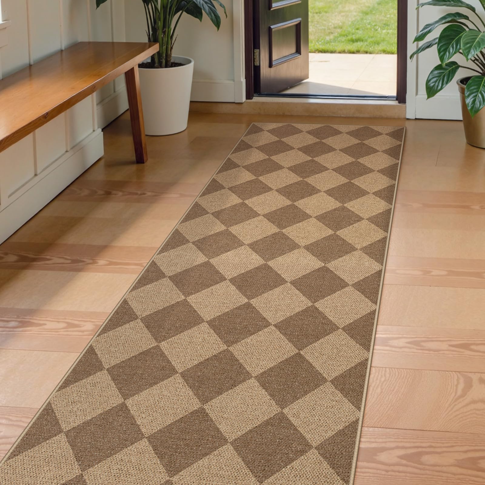 Lahome Colette Checkered Easy Jute Runner Rug, 2x8 Hallway Kitchen Runner Rug Non Slip Washable Outdoor Carpet for Entryway Indoor, Checkerboard Black Indoor Outdoor Carpet for Hallway 8ft Entry