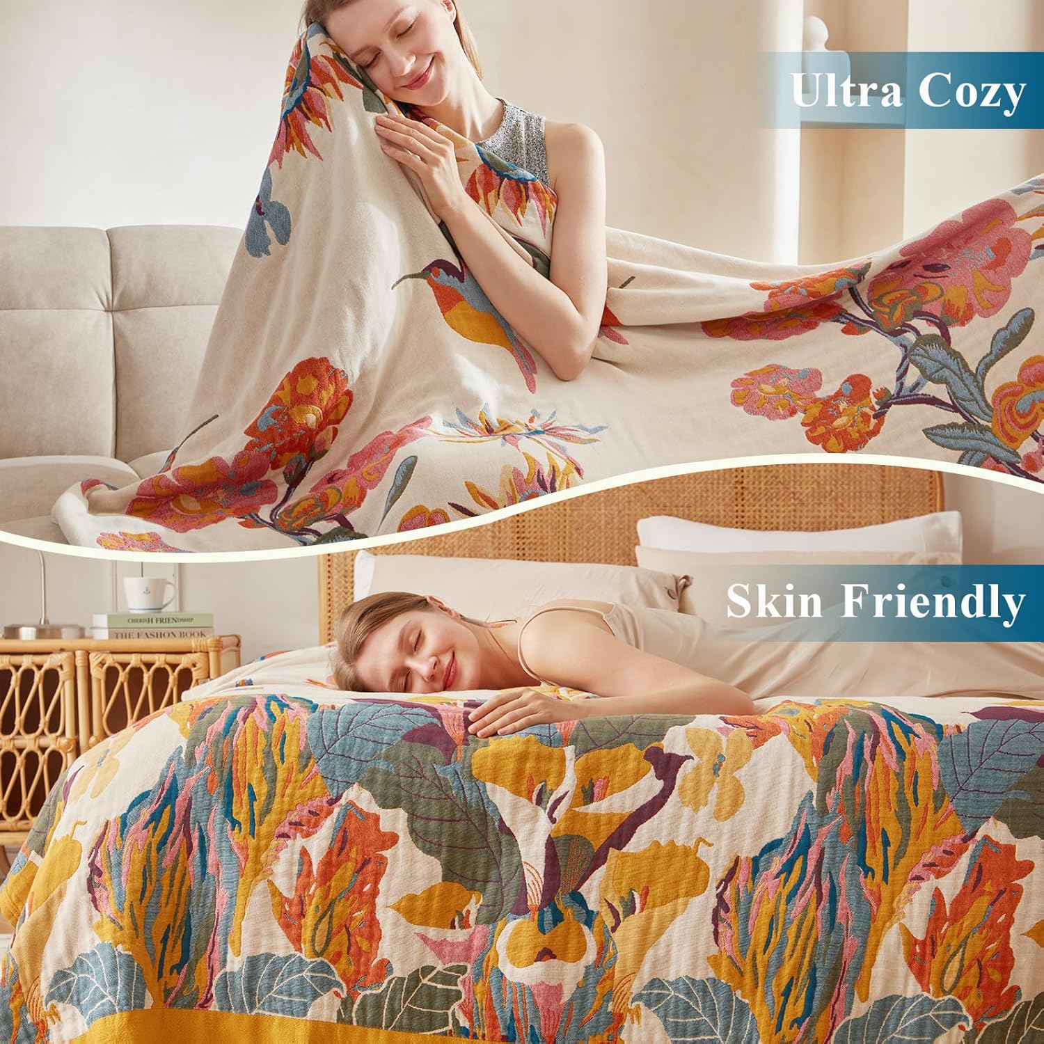 Boho Throw Blanket - 100% Cotton Soft Spring Throw Blanket for Bed, 90"x108" Reversible Breathable Lightweight Blankets, All Seasons Farmhouse Decor Floral Plant Butterfly Throw Quilt