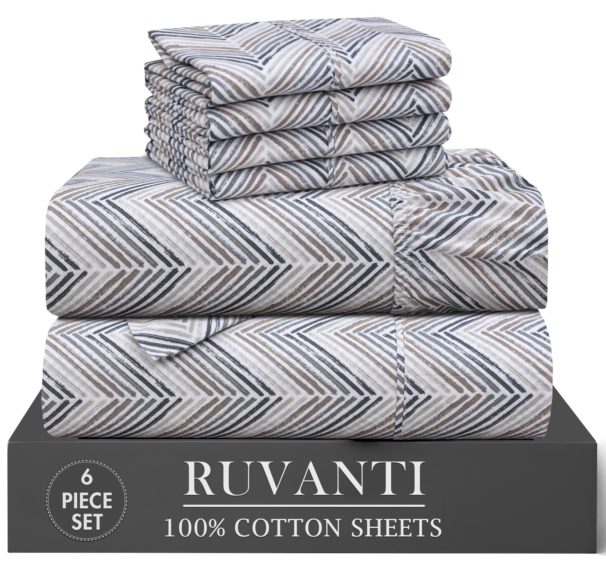 RUVANTI 6 Pcs Cotton Sheets - 100% Natural Cotton Soft, Lightweight & Breathable Crispy Percale Bed Sheets, Queen Sheet Set 16" Deep Pockets, Wild Flower