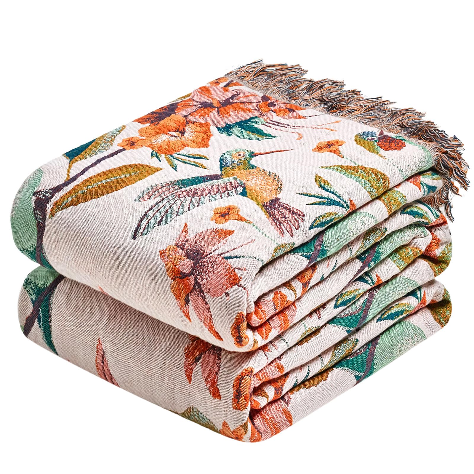 Boho Throw Blanket - 100% Cotton Soft Spring Throw Blanket for Bed, 90"x108" Reversible Breathable Lightweight Blankets, All Seasons Farmhouse Decor Floral Plant Butterfly Throw Quilt