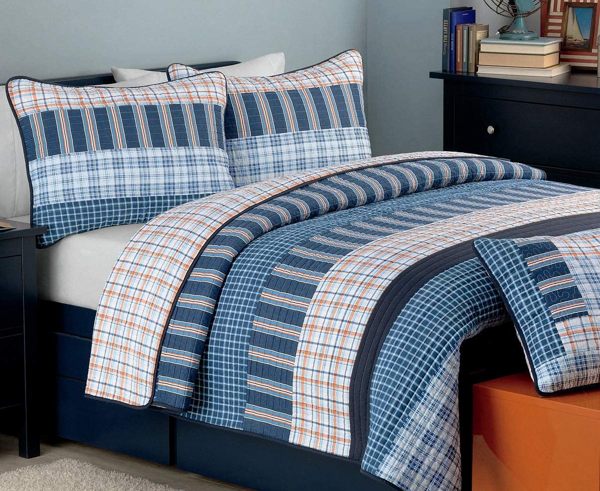 Cozy Line Home Fashions Benjamin Cute Dinosaur Plaid Navy Blue White Grey Bedding Quilt Set 100% Cotton Reversible Coverlet Bedspread Set for Kids Boy(Twin - 2 Piece)