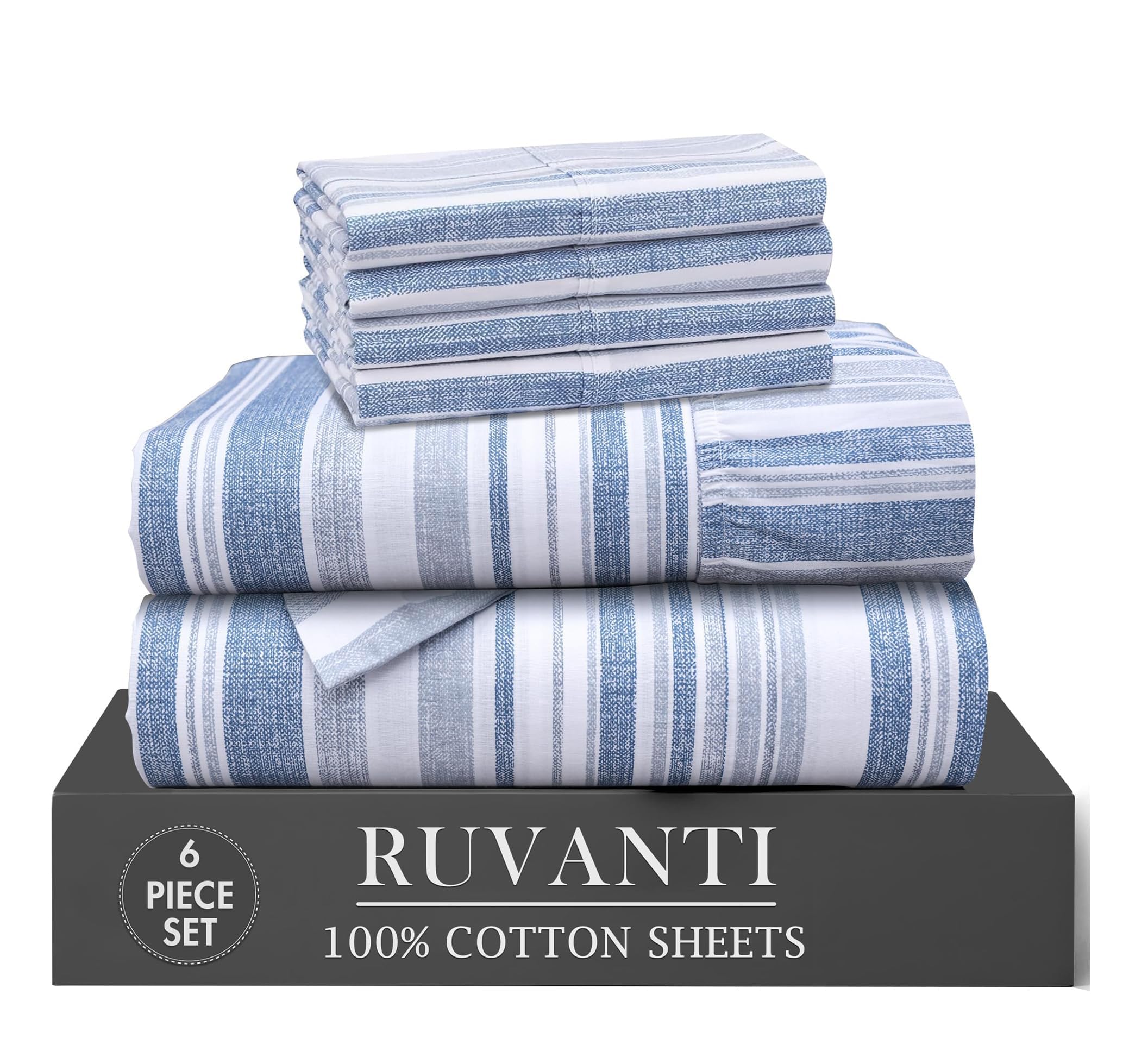 RUVANTI 6 Pcs Cotton Sheets - 100% Natural Cotton Soft, Lightweight & Breathable Crispy Percale Bed Sheets, Queen Sheet Set 16" Deep Pockets, Wild Flower