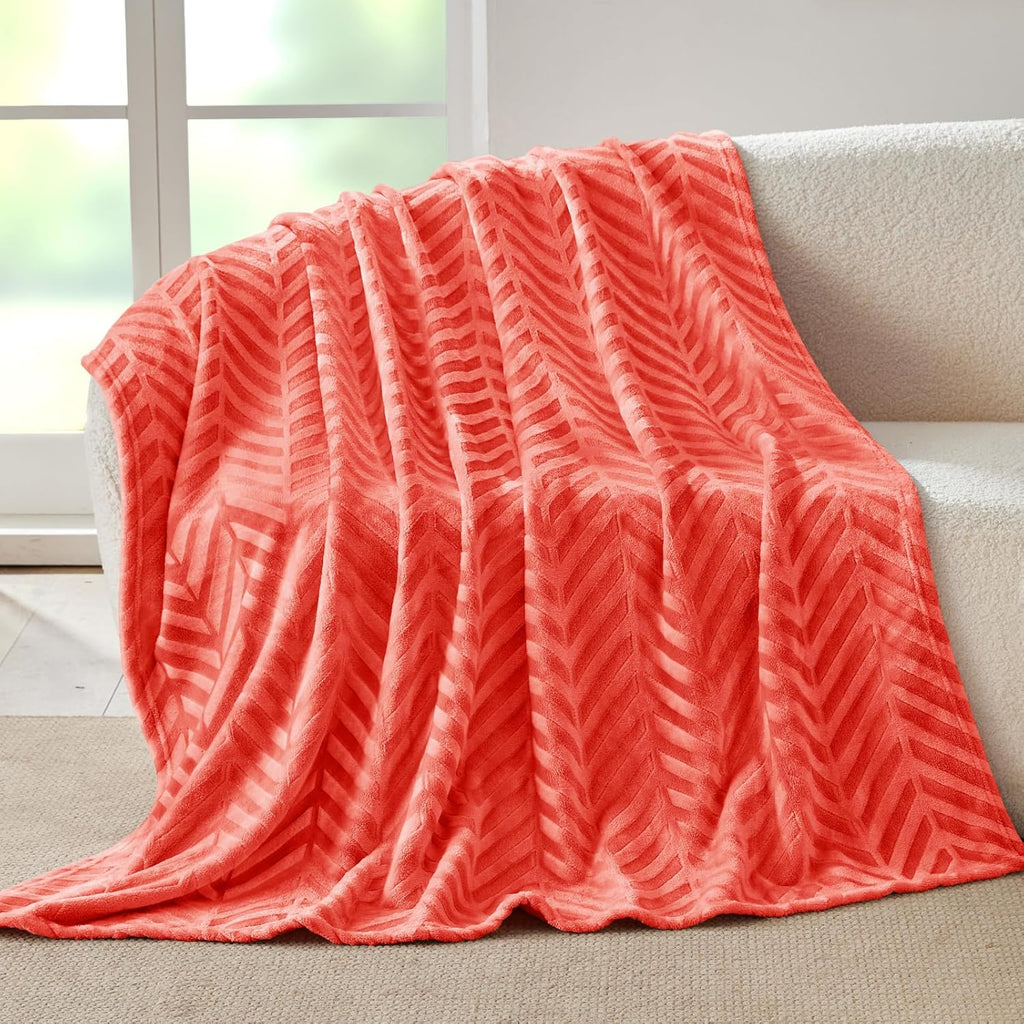 Whale Flotilla Flannel Fleece Throw Blanket for Couch Sofa Bed, Lightweight Breathable Soft Throws Plush Fluffy Chevron Design Decorative Blankets for All Season, 50x60 Inch, Coral