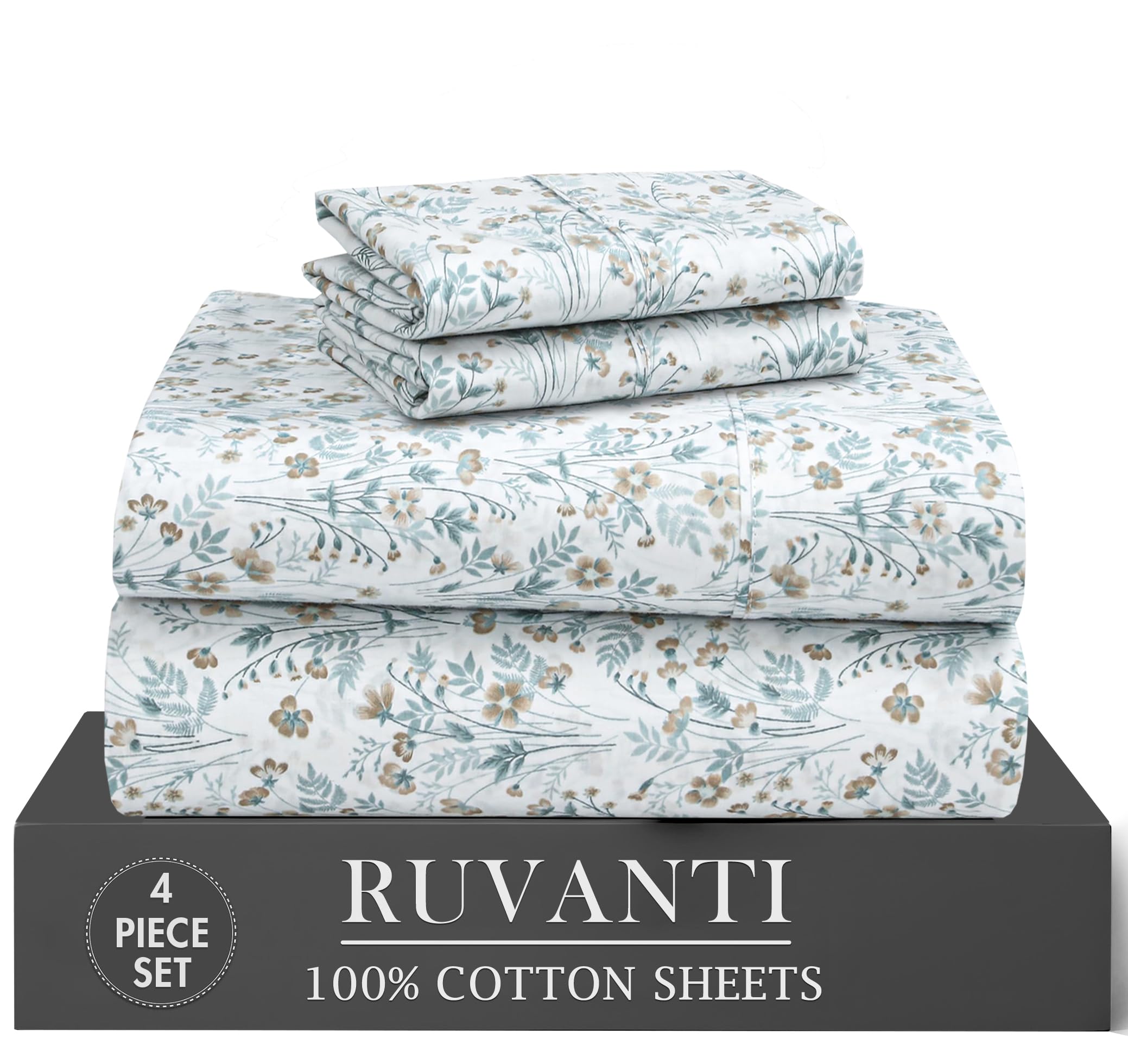 RUVANTI 6 Pcs Cotton Sheets - 100% Natural Cotton Soft, Lightweight & Breathable Crispy Percale Bed Sheets, Queen Sheet Set 16" Deep Pockets, Wild Flower