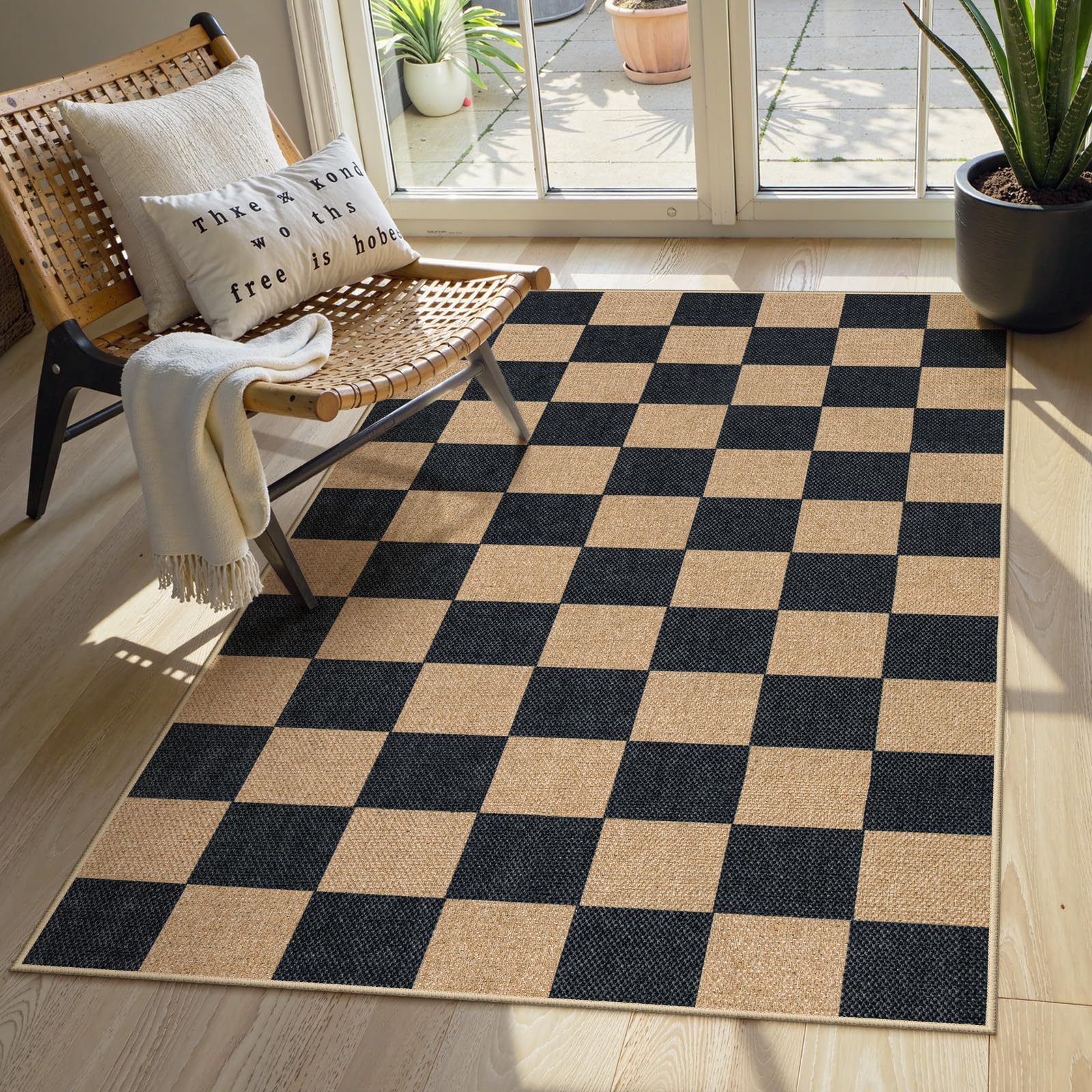 Lahome Colette Checkered Easy Jute Runner Rug, 2x8 Hallway Kitchen Runner Rug Non Slip Washable Outdoor Carpet for Entryway Indoor, Checkerboard Black Indoor Outdoor Carpet for Hallway 8ft Entry