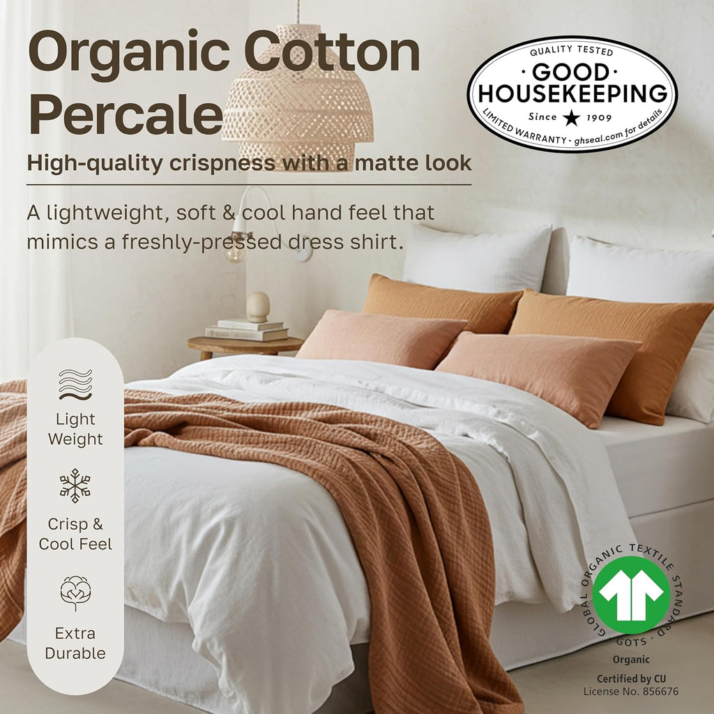 California Design Den 100% Organic Cotton Pillow Cases Queen/Standard Set of 2, Soft & Crisp Percale Weave Cotton Pillowcases (Bright White)