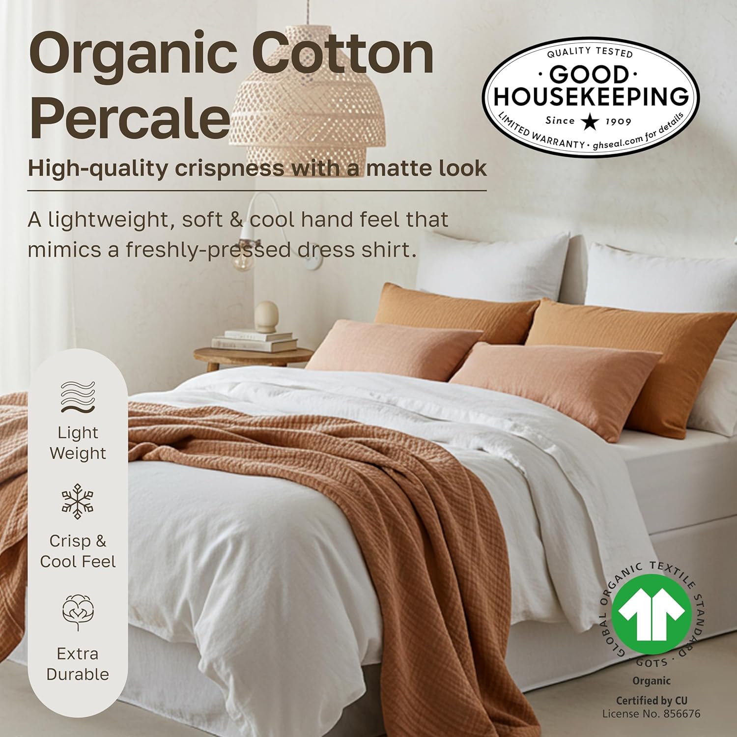 California Design Den 100% Organic Cotton Pillow Cases Queen/Standard Set of 2, Soft & Crisp Percale Weave Cotton Pillowcases (Bright White)