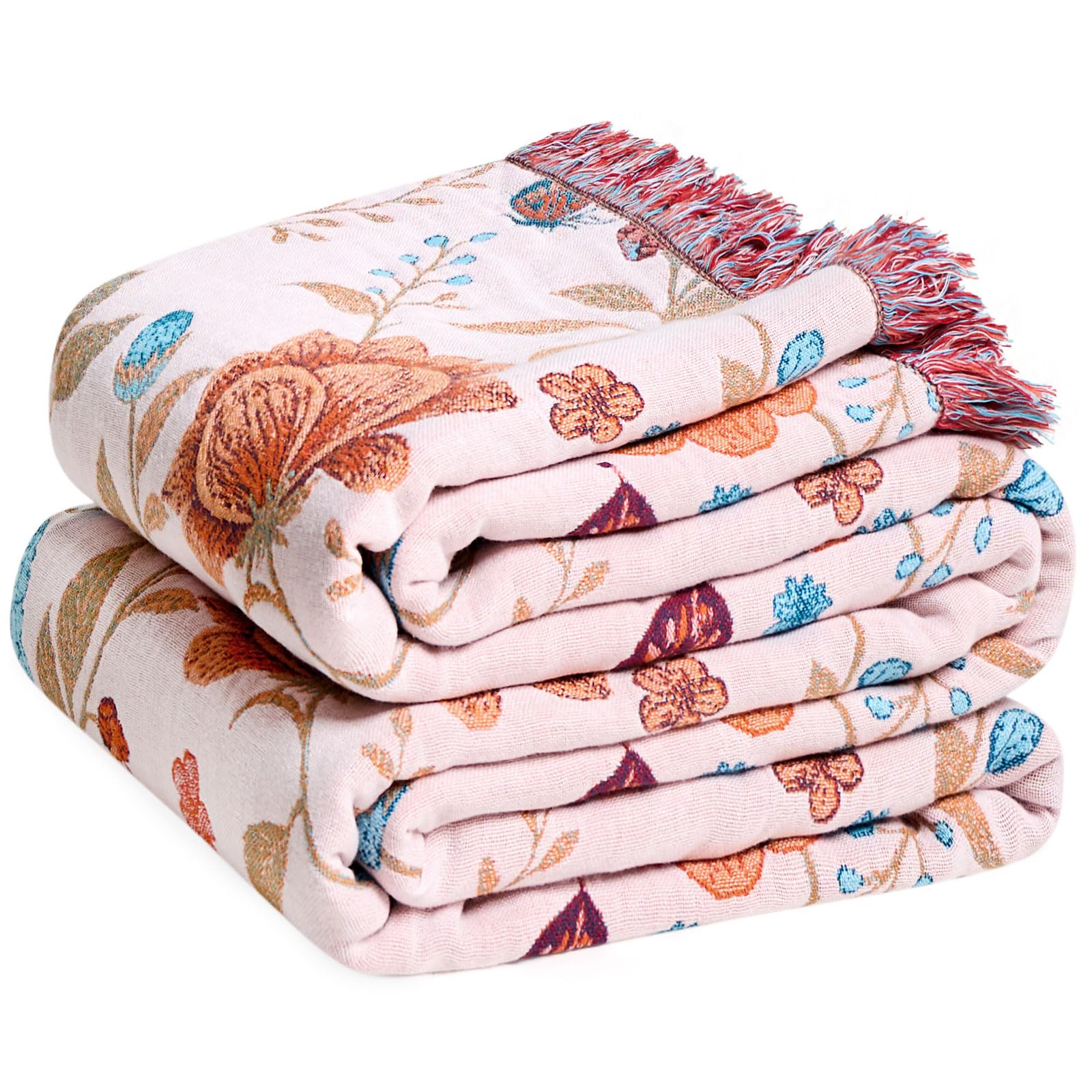 Boho Throw Blanket - 100% Cotton Soft Spring Throw Blanket for Bed, 90"x108" Reversible Breathable Lightweight Blankets, All Seasons Farmhouse Decor Floral Plant Butterfly Throw Quilt
