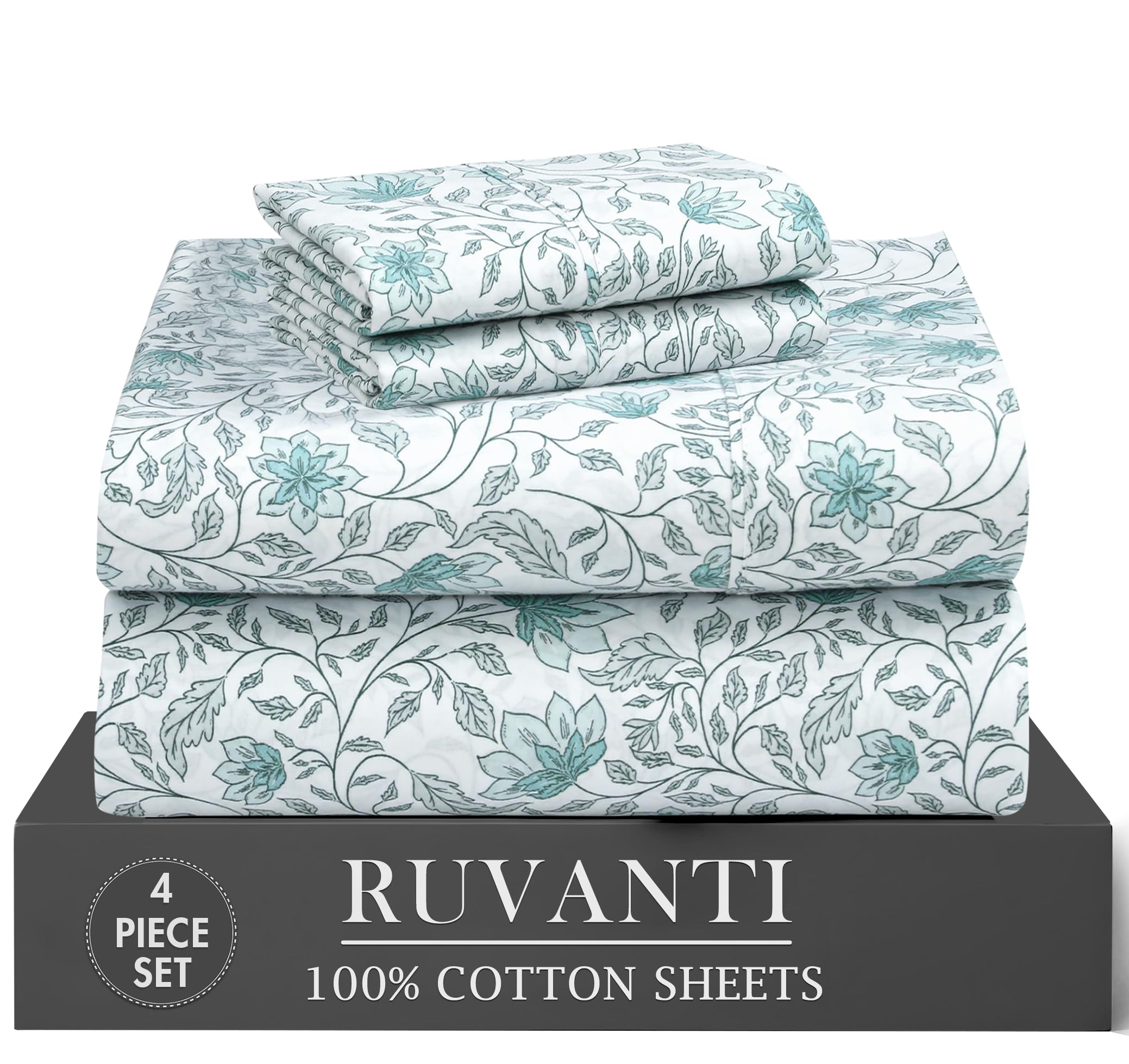 RUVANTI 6 Pcs Cotton Sheets - 100% Natural Cotton Soft, Lightweight & Breathable Crispy Percale Bed Sheets, Queen Sheet Set 16" Deep Pockets, Wild Flower