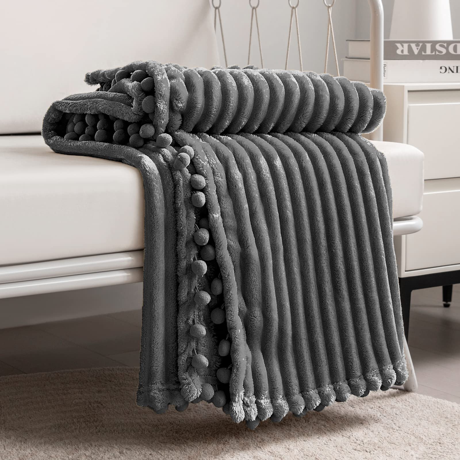 DISSA Fleece Blanket Twin Size – 60x80, Coral - Soft, Plush, Fluffy, Fuzzy, Warm, Cozy – Perfect Throw for Couch, Bed, Sofa - with Pompom Fringe - Flannel Blanket