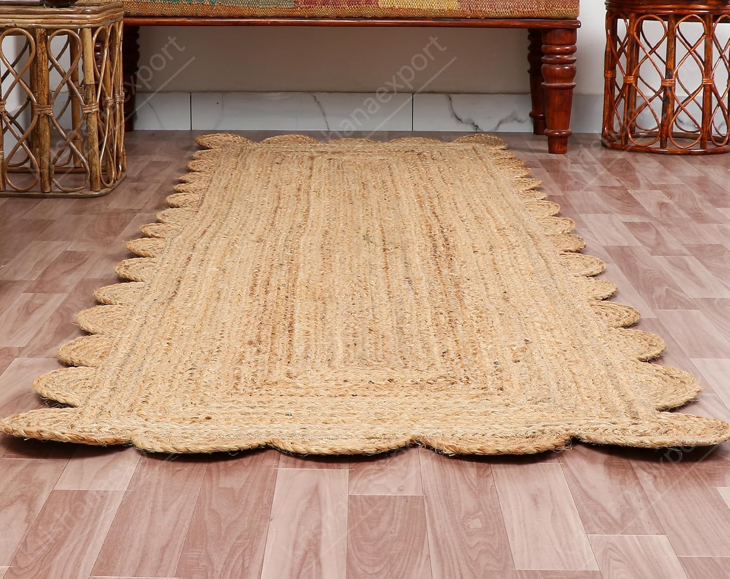 Hand Woven Natural Jute Scalloped Rug, Reversible Boho Entry Area Rugs for Kitchen, Living Room, Farmhouse Indoor Outdoor Decorative Floor-Rug, Bohemian Style Size 2x5 Ft