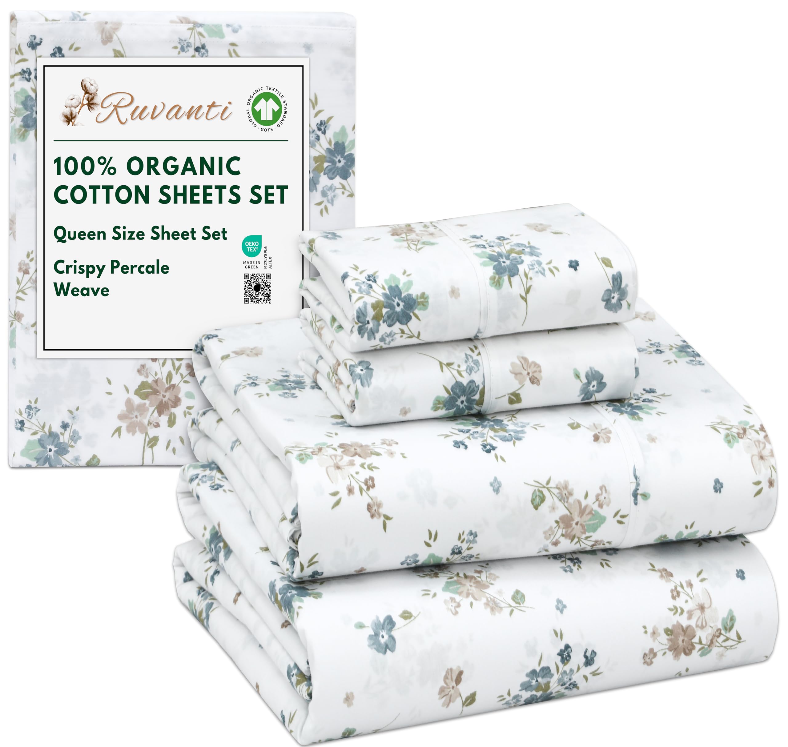RUVANTI 100% Organic Cotton Sheets Queen Size, Percale Weave, GOTS Certified, 4-Piece Set, Deep Pocket 15", Crisp & Breathable, Soft Durable Bedding, Sábanas Algodón Orgánico – Daisy Bud