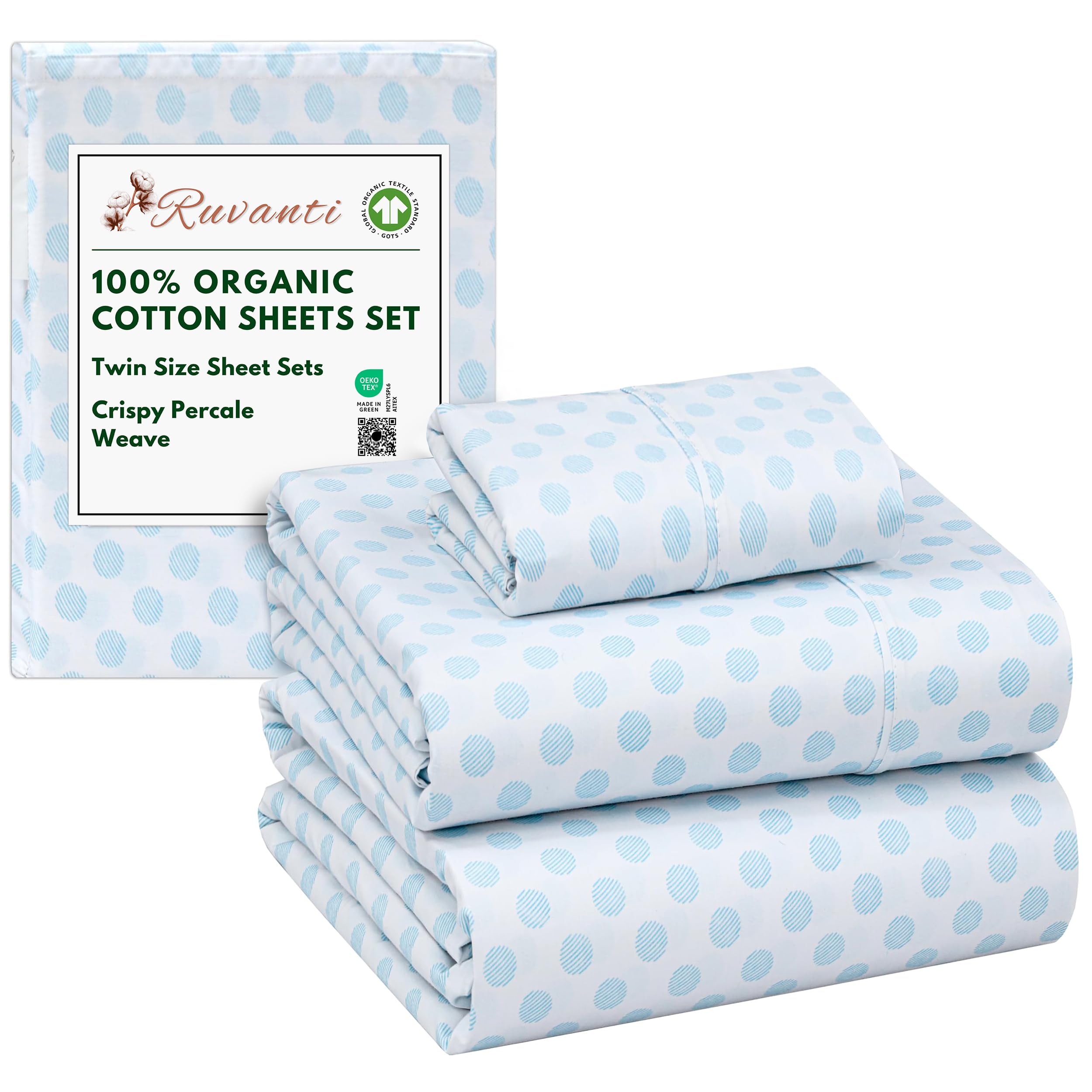 RUVANTI 100% Organic Cotton Sheets Queen Size, Percale Weave, GOTS Certified, 4-Piece Set, Deep Pocket 15", Crisp & Breathable, Soft Durable Bedding, Sábanas Algodón Orgánico – Daisy Bud