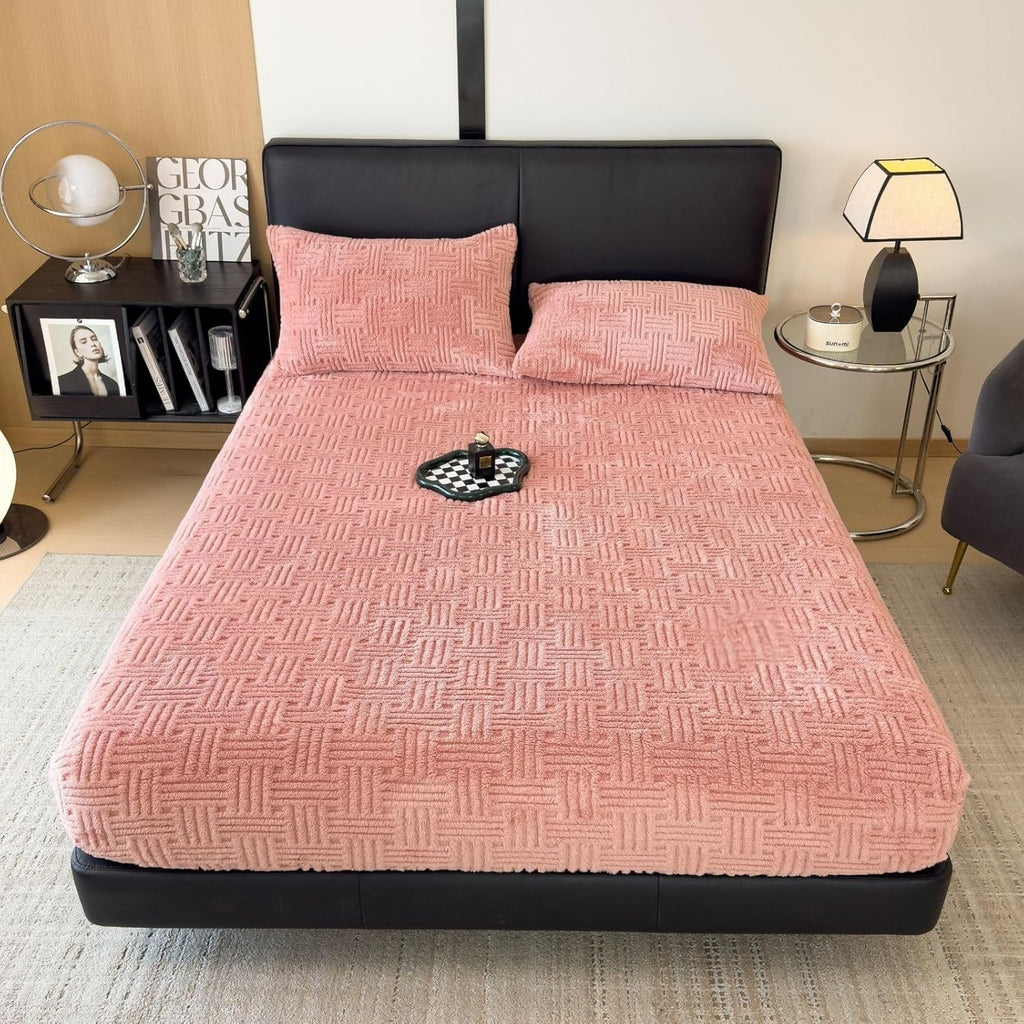 ZIQINPSQ Full Size Flannel Fitted Sheet - 1 Piece Winter Warm Deep Pocket (15") Bed Sheet, Shrink & Fade Resistant, Hotel Quality, Light Coral