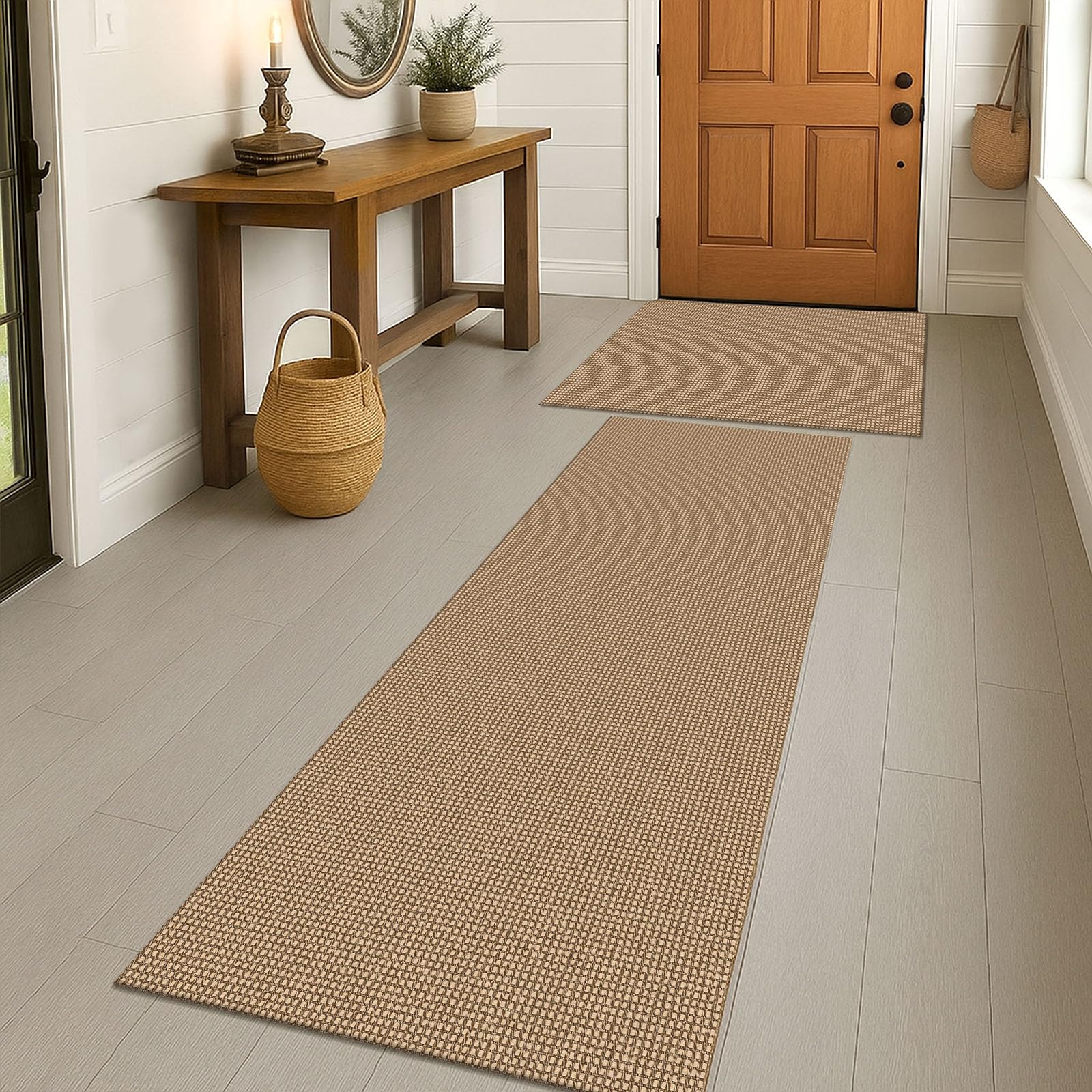 EARTHALL Woven Runner Rug 2x5 Ft Washable Runners for Hallways Cotton Non Slip Rubber Backed Kitchen Runner Braided Indoor Floor Carpet for Entryway, Hallway, Kitchen, Bedroom, Orange/Tan/Brown