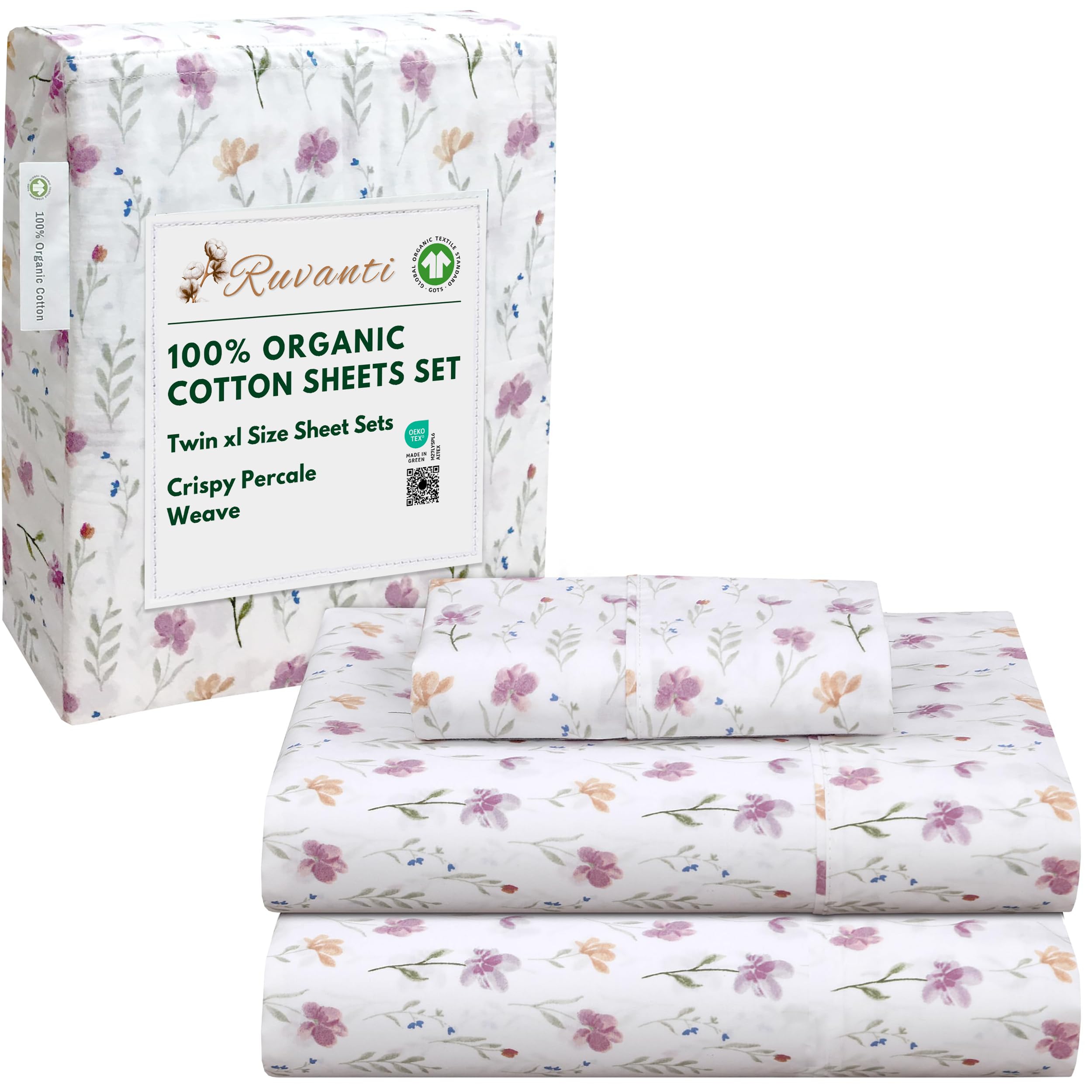 RUVANTI 100% Organic Cotton Sheets Queen Size, Percale Weave, GOTS Certified, 4-Piece Set, Deep Pocket 15", Crisp & Breathable, Soft Durable Bedding, Sábanas Algodón Orgánico – Daisy Bud