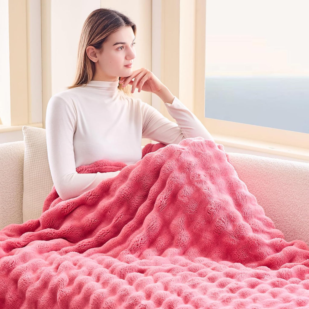NEWCOSPLAY Throw Blanket for Couch Coral Pink Super Soft Flannel Fleece 3D Bubble Lightweight Bed Blanket All Season Use (Coral Pink, Throw(50"x60"))